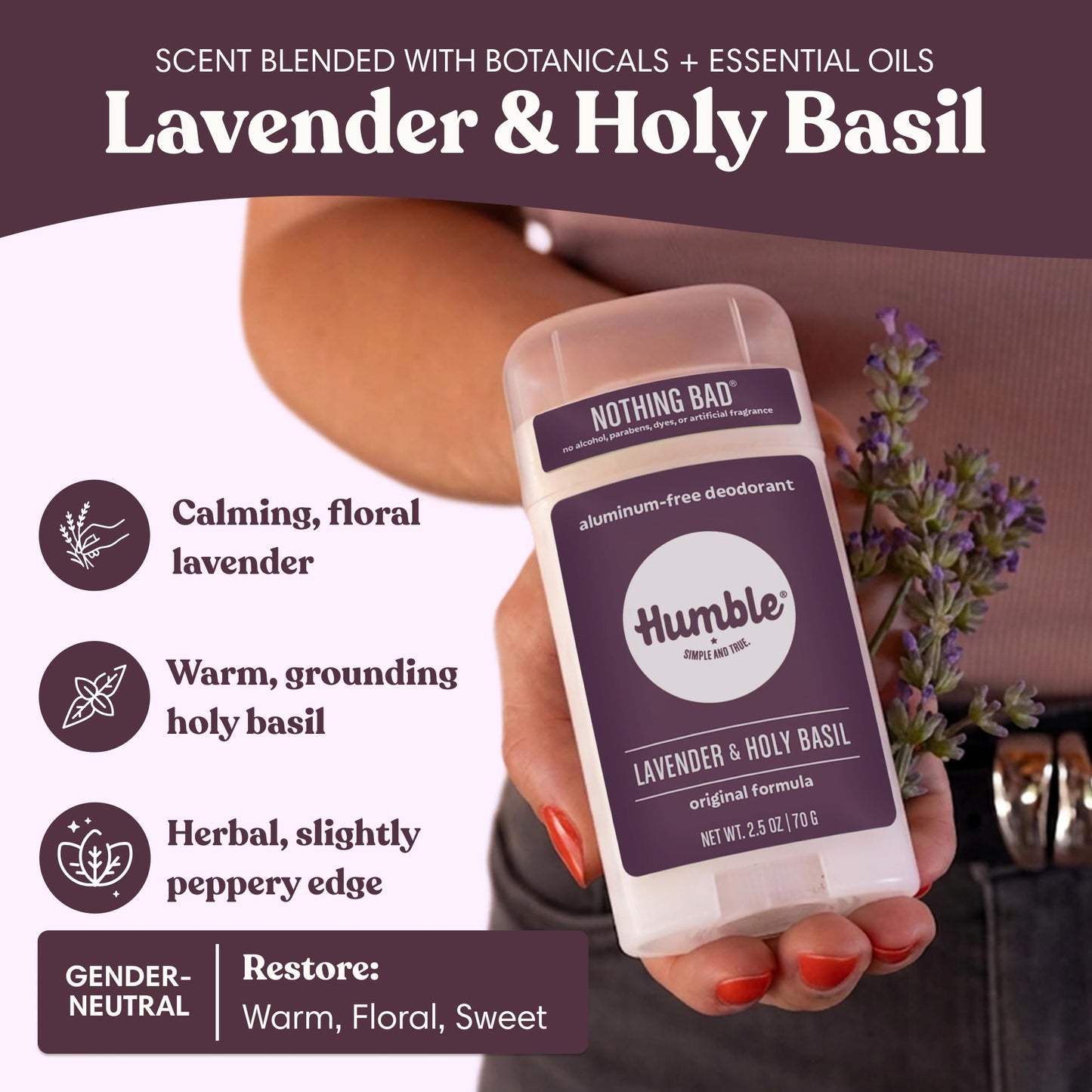 Humble Aluminum-Free Deodorant for Women & Men, Lavender & Holy Basil - Clean & Fresh Natural Deodorant Stick with Essential Oils for Long-Lasting Beauty and Personal Care HUMBLE SIMPLE AND TRUE.