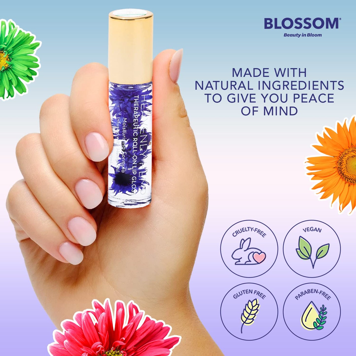 Blossom Roll on Lip Gloss, Scented Clear High Shine Moisturizing Lip Oil, Non Sticky, Infused with Real Flowers, Made in USA, 0.2oz, Raspberry Hemp Beauty & Personal Care Blossom