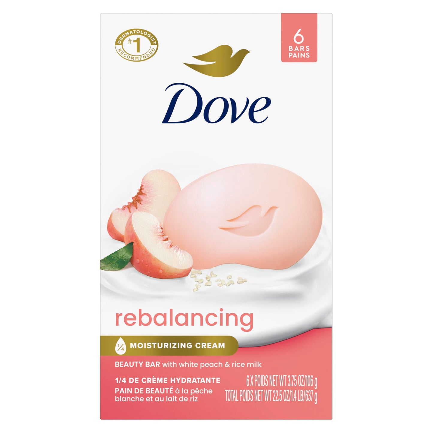 Dove Rebalancing Beauty Bar Soap 6 Count, White Peach & Rice Milk, 3.75 oz I Plant-based beauty bar with white peach and rice milk for soft Beauty & Personal Care Dove