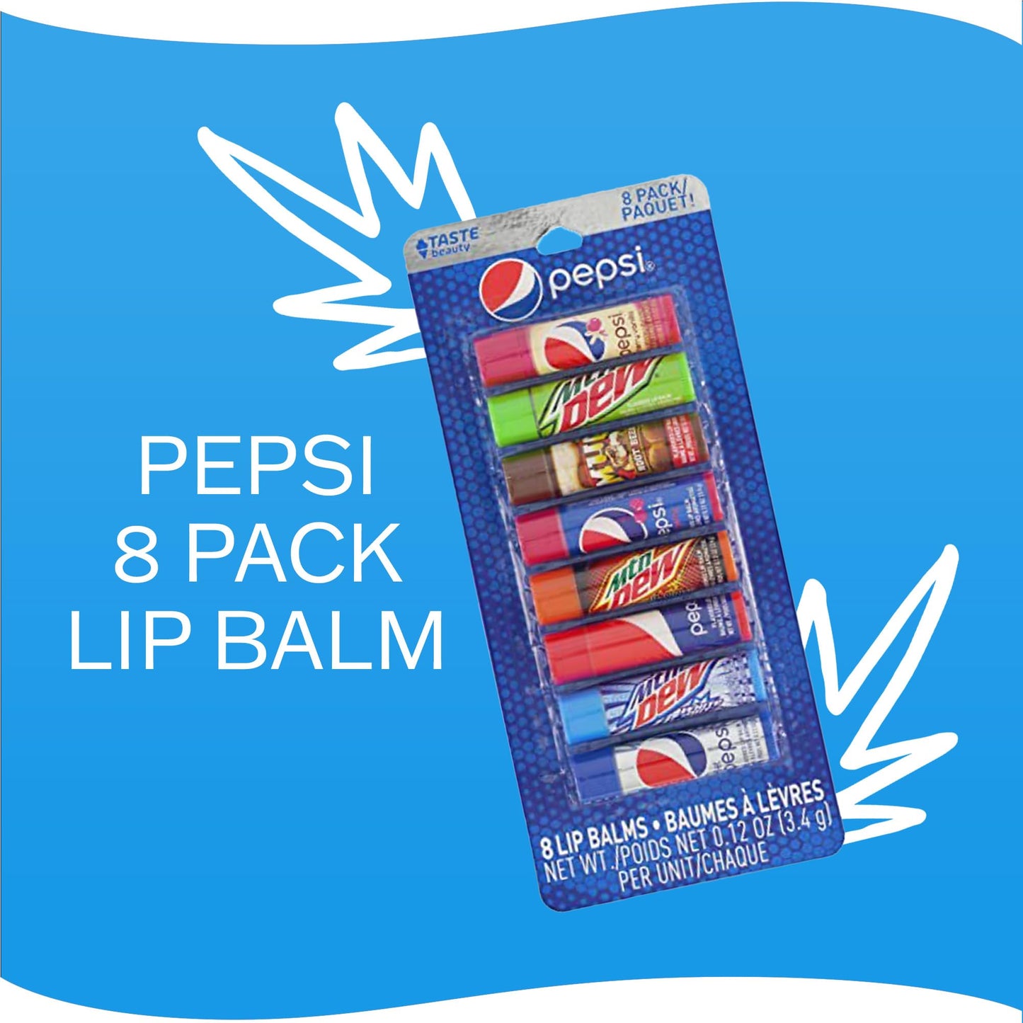 Taste Beauty Pepsi 8 Pack Lip Balm (Pepsi Cherry Vanilla, Mountain Dew, Mug, Pepsi Wild Cherry, Classic Pepsi, Mountain Dew White and Live Wire, Diet Beauty and Personal Care Taste Beauty