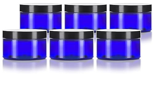 2 oz Cobalt Blue Heavy Wall Plastic Refillable Low Profile Jar with Black Lid (6 pack) Beauty & Personal Care JUVITUS