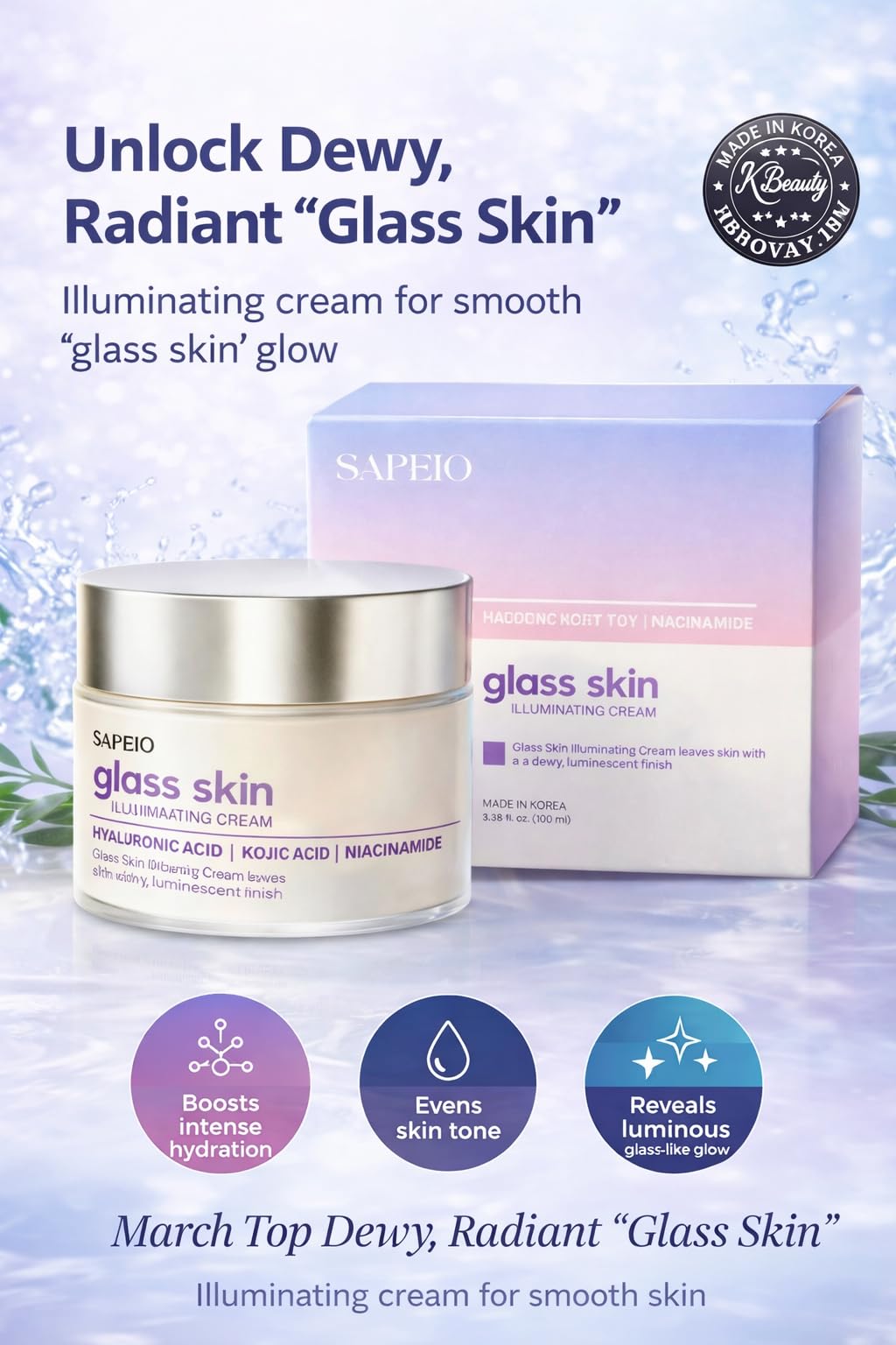 Sapeio Glass Skin Illuminating Cream with Hyaluronic Acid, Kojic Acid and Niacinamide, Dewy Luminescent Finish, 3.38 fl. oz. Beauty & Personal Care Sapeio