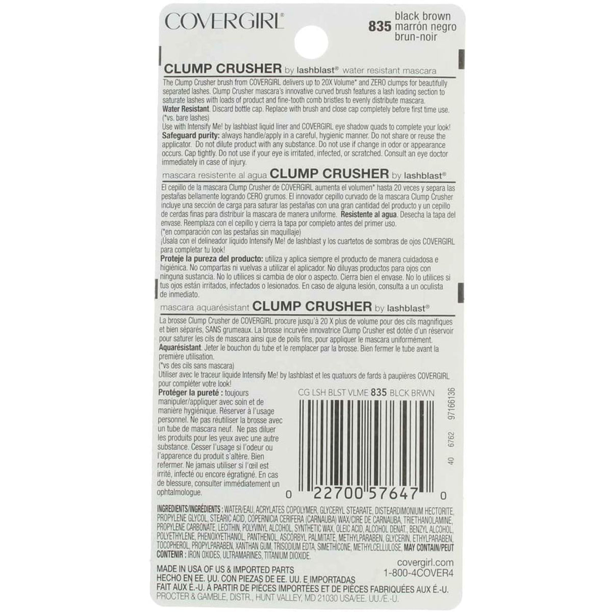 CoverGirl Lashblast Clump Crusher Black Brown 835 Water Resistant Mascara -- 3 per case. Beauty & Personal Care COVERGIRL