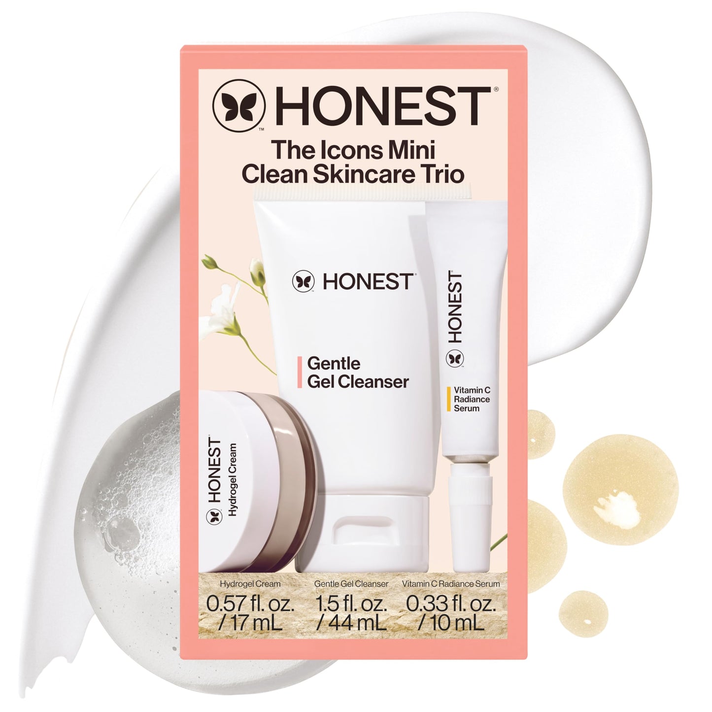 Honest Beauty The Icons Skincare Trio Travel Kit, Mini Hydrogel Cream, Gentle Gel Cleanser, Vitamin C Radiance Serum for Sensitive Skin, Vegan Beauty & Personal Care Honest Beauty