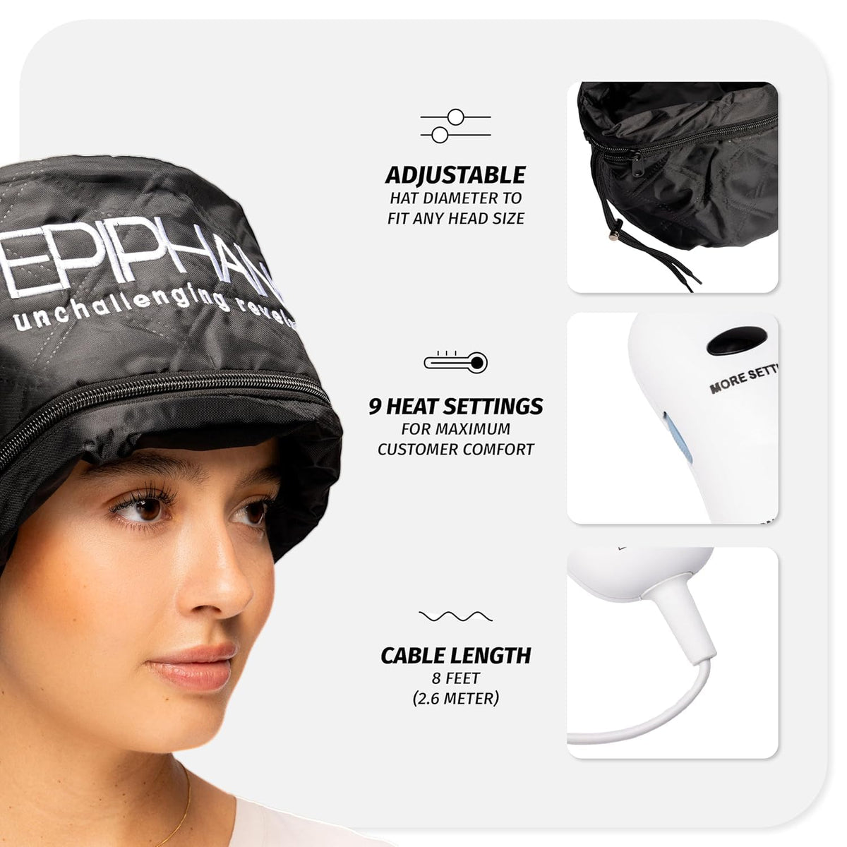 Epiphany Heat Cap for Deep Conditioning Hair Treatments - Electric Thermal Cap with 9 Heat Settings, Removable Washable Liner, Adjustable Fit, Long