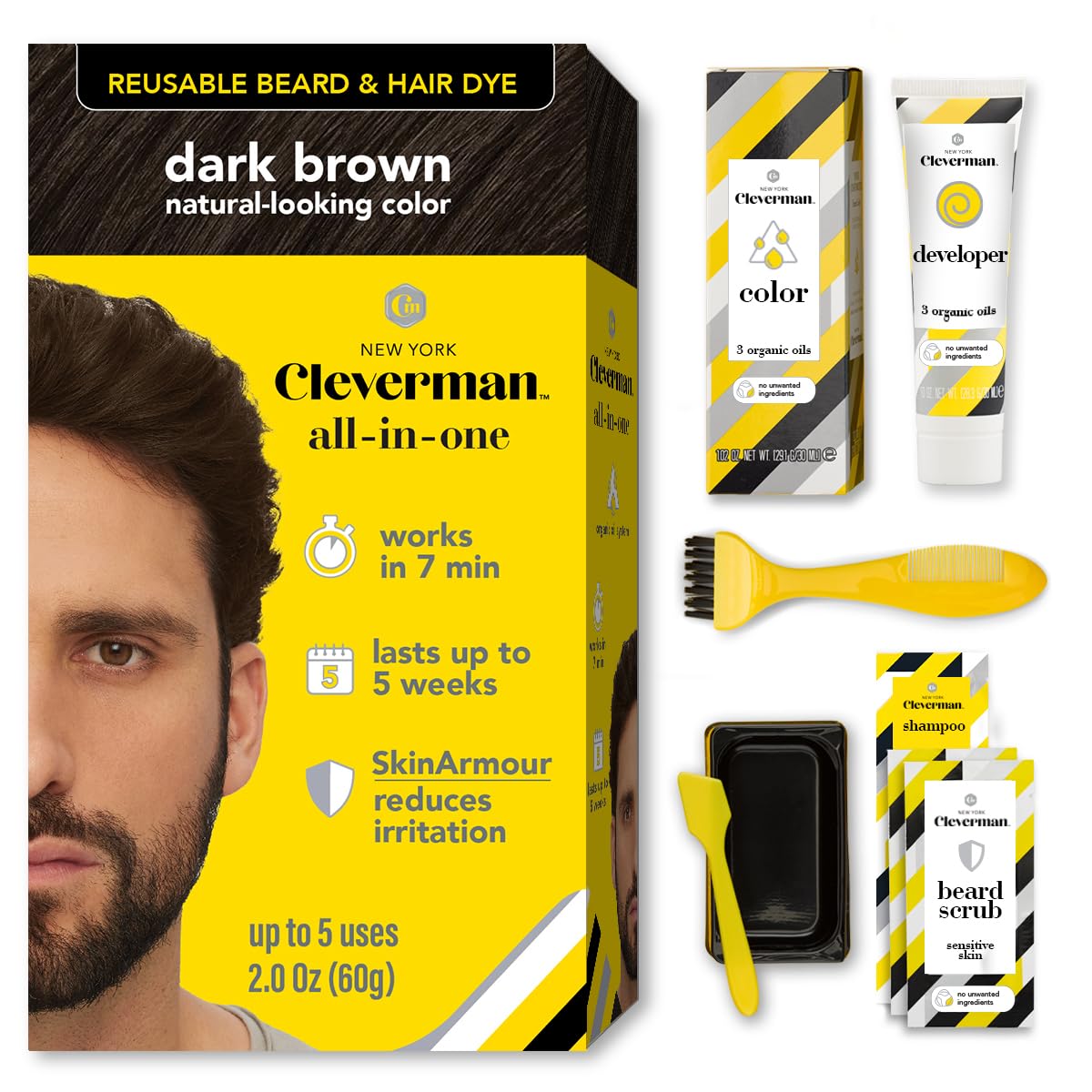 Reusable Hair & Beard Dye for Men - Dark Brown 3.1 | Up to 5 Uses, 7 Minutes | Natural Gray Coverage, No-Drip Cream with SkinArmour® - Cleverman Beauty & Personal Care CLEVERMAN