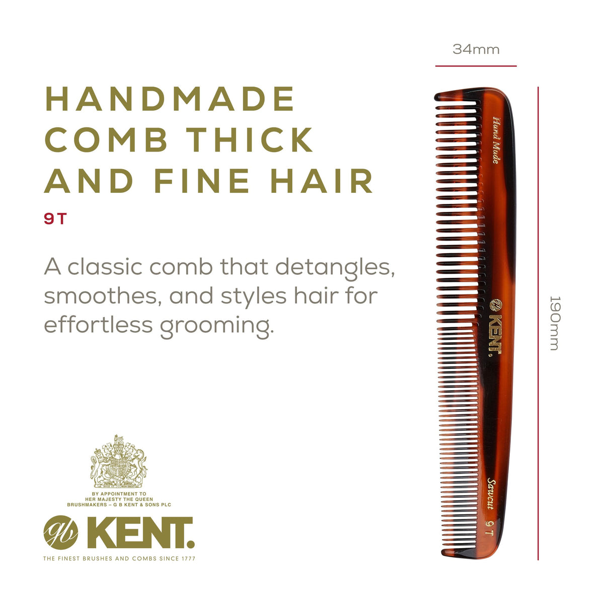 Kent 9T Tortoiseshell Fine Tooth and Wide Tooth Comb - Large Handmade and Saw-Cut Fine Hair Dressing Comb - Wet Hair Detangler Combs for Women and