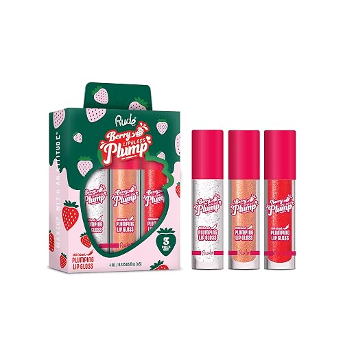 RUDE Berry Plump Plumping Lip Gloss Trio Set, High-Shine, Non-Sticky, Hyaluronic Acid, Shea Butter, Vitamin E, Vegan, 3 Piece Value Bundle (Crystal Beauty & Personal Care RUDE