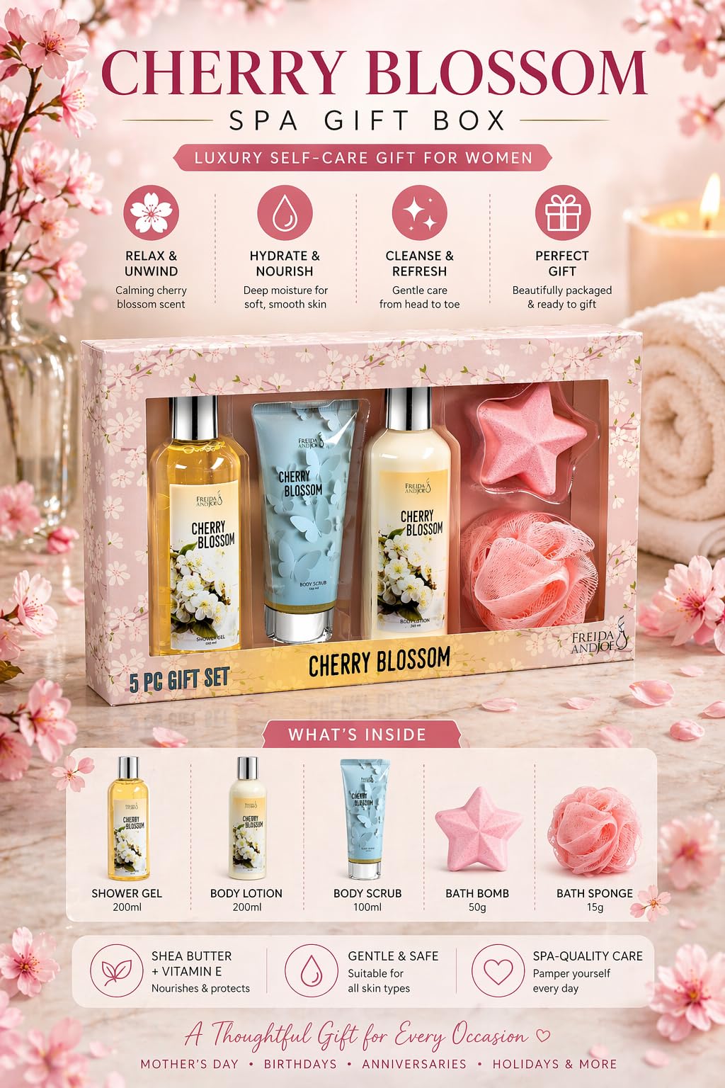 Cherry Blossom Spa Gift Box for Women - Luxury Bath & Body Gift Set with Shower Gel, Body Lotion, Body Scrub, Bath Bomb & Sponge - Self Care Gifts Beauty and Personal Care Freida and Joe