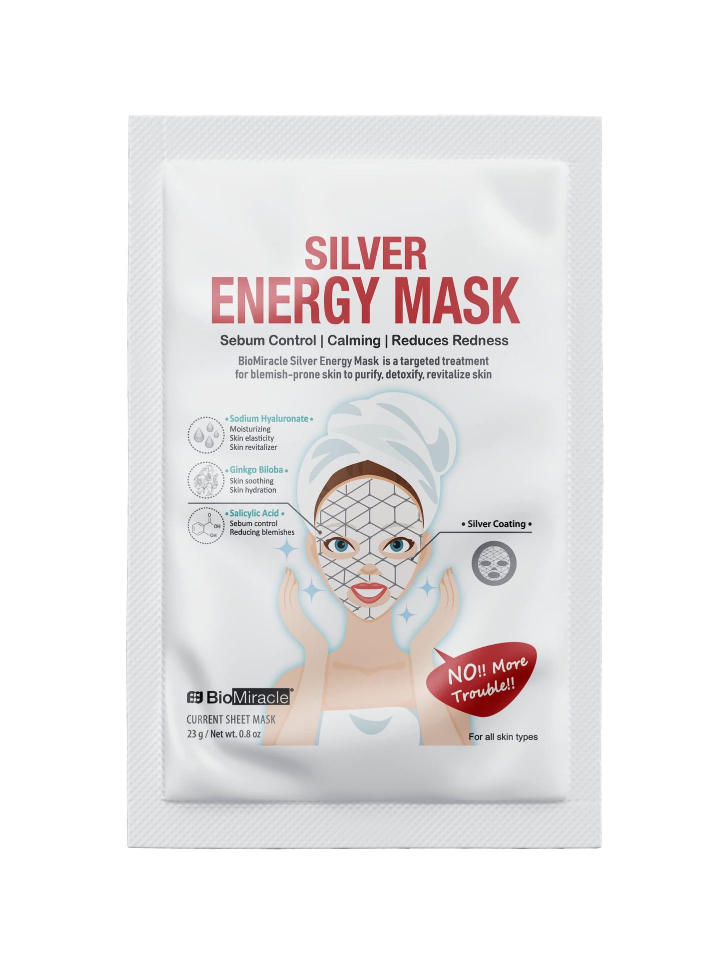 BioMiracle Silver Energy Mask with Sodium Hyaluronate, Ginkgo Biloba, Salicylic Acid for blemish-prone skin to purify, detoxify, revitalize skin Beauty & Personal Care BioMiracle