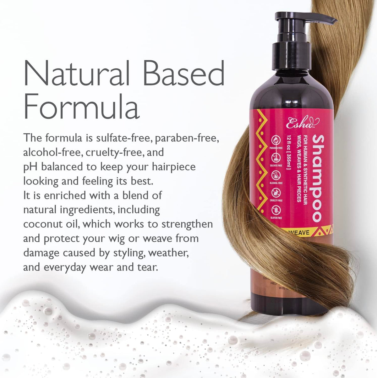 Esha Wig & Weave Revitalizing Shampoo - Human Hair & Synthetic Wigs, Weaves, Extensions & Braids I Coconut Oil Infused, Sulfate-Free I Restores