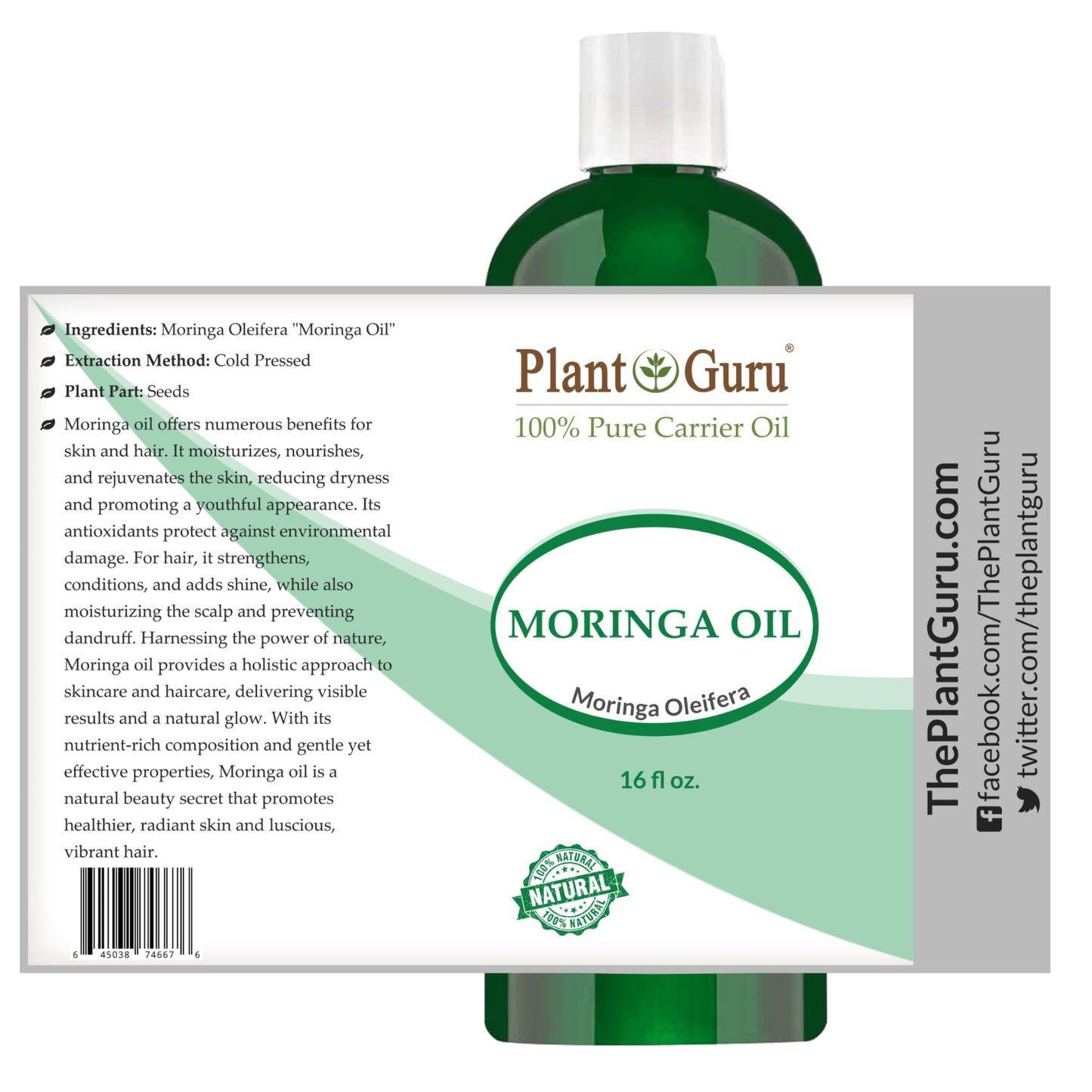 Plant Guru Moringa Seed Oil 16 oz. Cold Pressed 100% Pure Natural - Skin, Body And Face. Great for Hair & More! Beauty & Personal Care Plant Guru