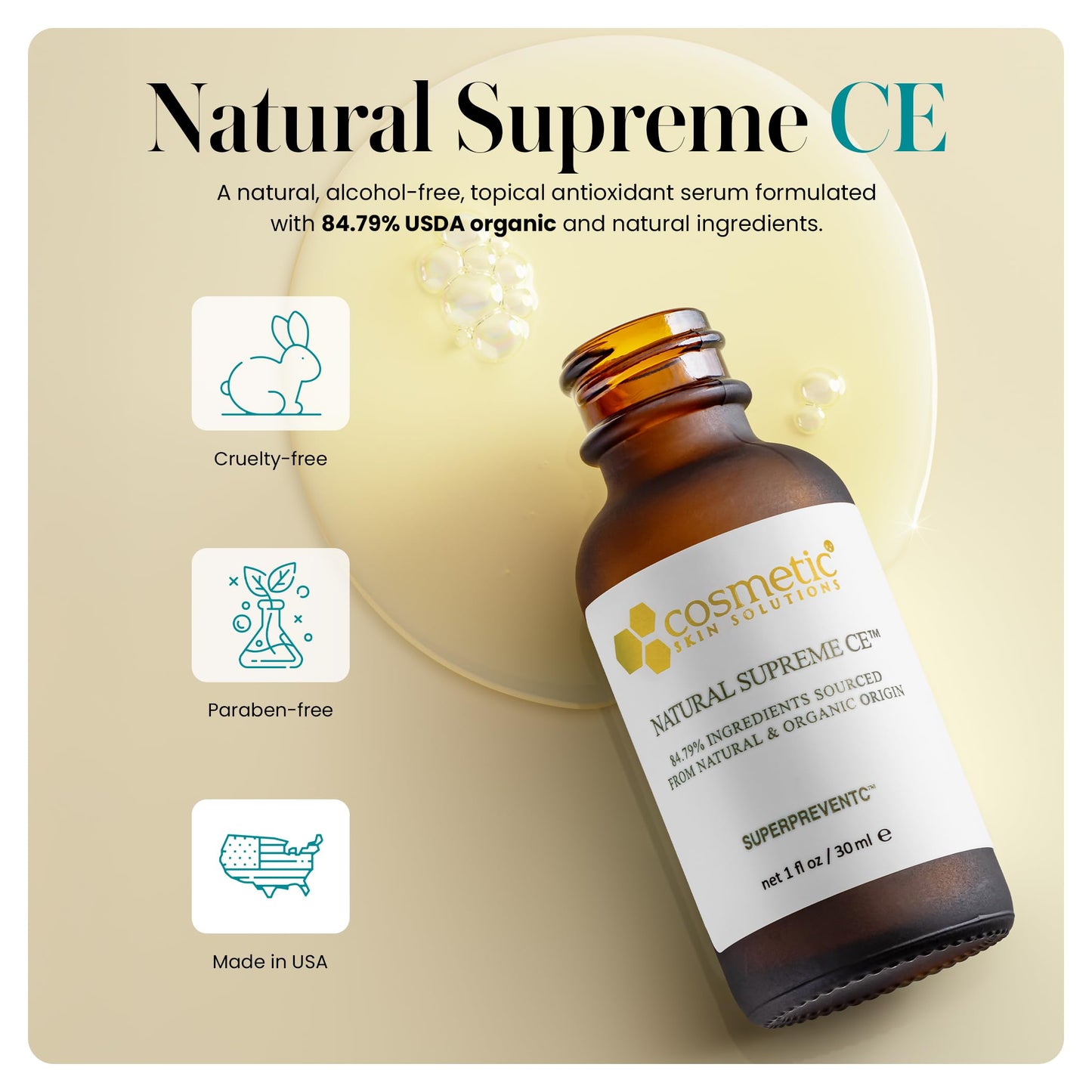 Natural Supreme CE - 15% Vitamin C Face Serum with Vitamin E, Aloe Vera & Organic Extracts - Hydrating and Firming Antioxidant Serum for Smooth Beauty & Personal Care Cosmetic Skin Solutions