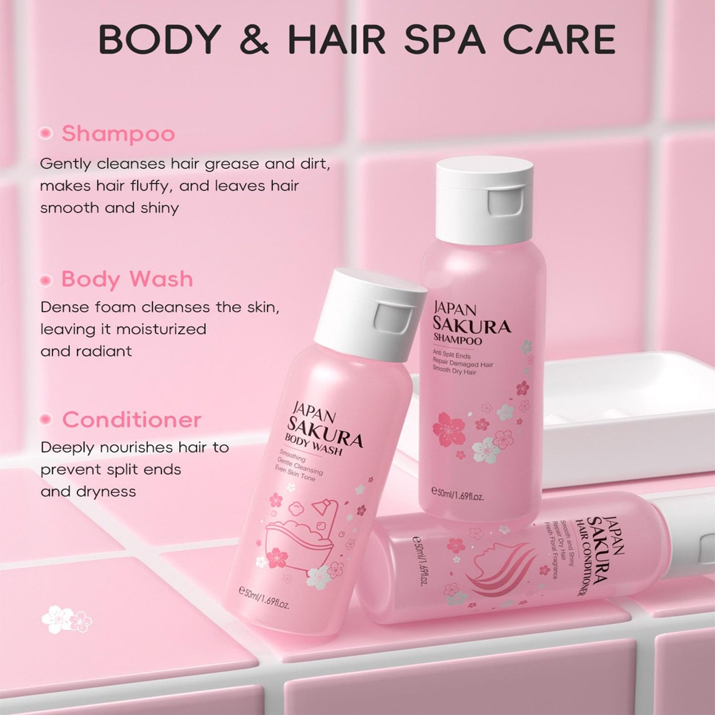 Cherry Blossom Shampoo and Conditioner & Body Wash Set,Hydrating Hair Care&Gentle Moisturizing Shower Gel,Delicate Floral Scent for Soft Silky Beauty & Personal Care TUOSHITONG