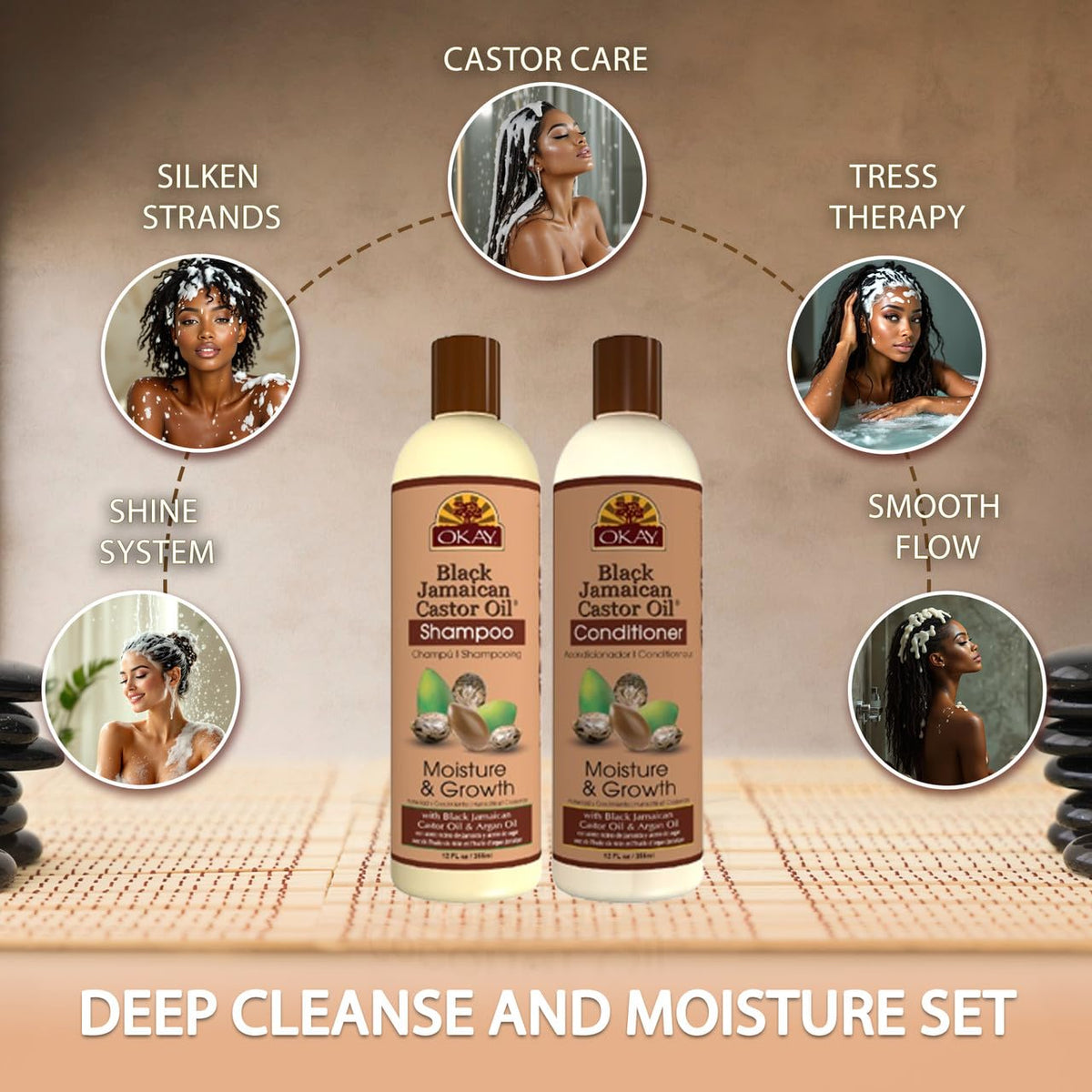 Okay Shampoo & Conditioner Black Jamaican Castor Oil Hair Care Set Moisture & Growth Helps Strengthen & Regrow Hair Sulfate, Silicone, Paraben Free