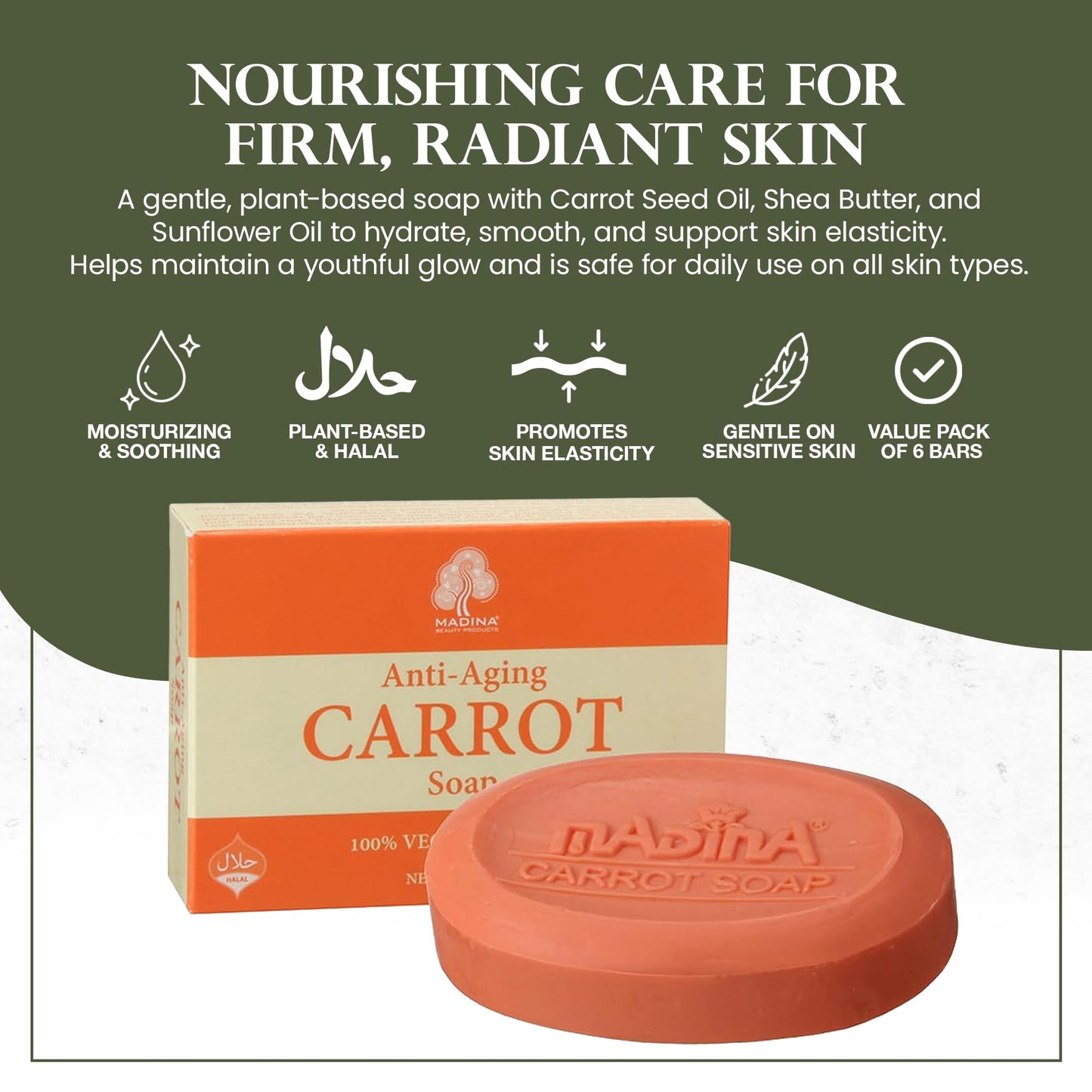 Madina Carrot Soap Bar - Carrot Seed Oil & Shea Butter, Moisturizing, Anti-Aging, Skin Tone & Elasticity, Vegetable-Based, Halal, Gentle Cleanser, 6 Beauty & Personal Care Madina