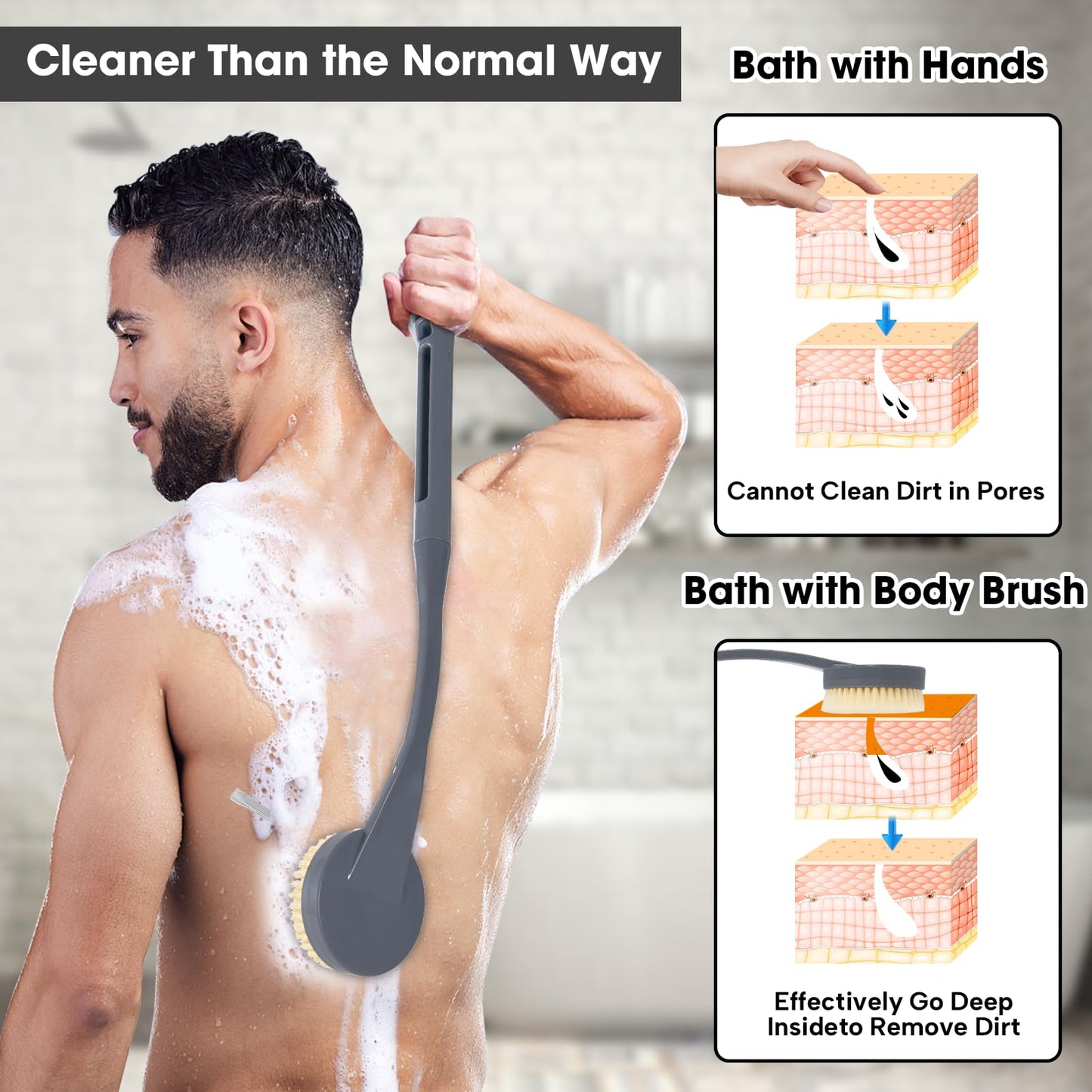 Gobiteli Back Scrubber for Shower,20.5" Long Handle Shower Brush for Body for Deep Clean,Back Brush for Shower for Men Women(Grey) Beauty and Personal Care Gobiteli
