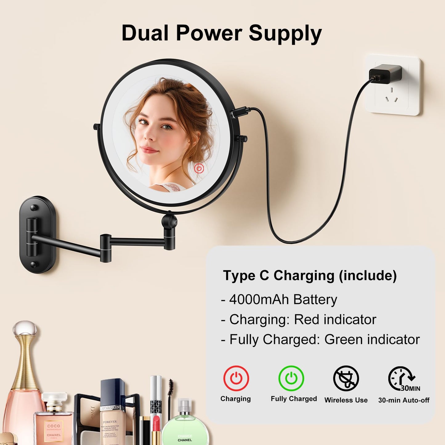 IMIKONA 8 Inch Vanity Makeup Mirror Wall Mounted, Double Sided 1X/10X LED Magnifying Mirror, 3 Color Lights & 360°Swivel 13 Inch Extendable Bathroom Beauty and Personal Care IMIKONA