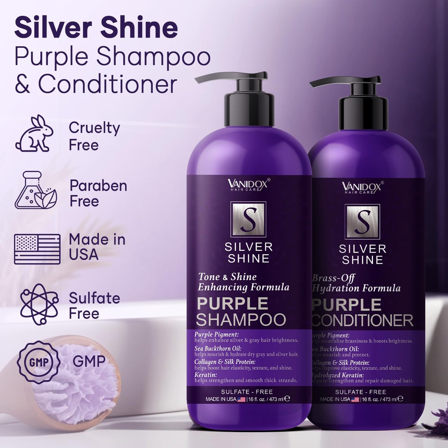 VANIDOX Sulfate Free Brass Toning Purple Shampoo and Conditioner Set for Grey and Silver Hair, Moisturizing & Color-Safe, Enhances Shine & Brightness Beauty & Personal Care VANIDOX
