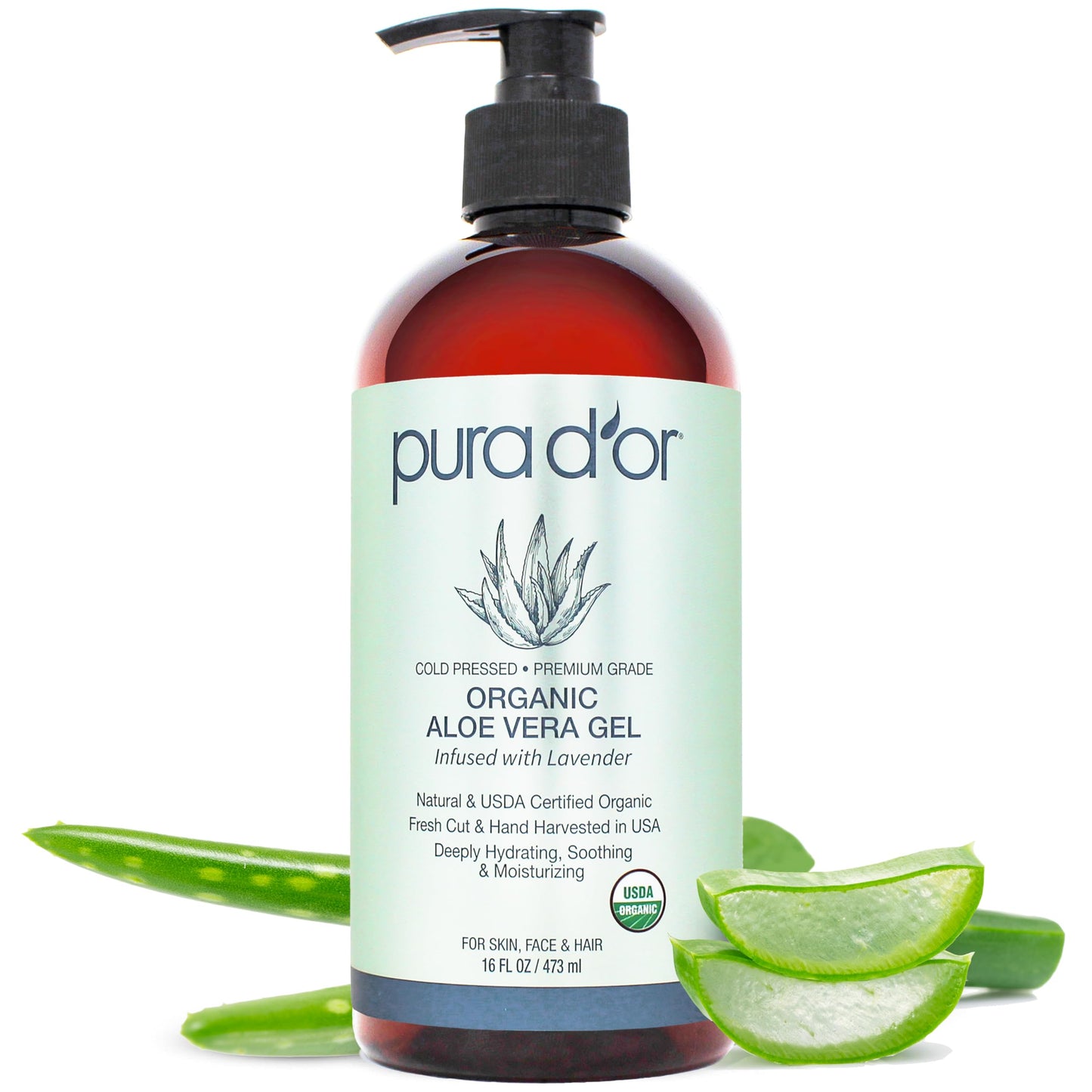 PURA D'OR 16 Oz ORGANIC Aloe Vera Gel - Lavender - All Natural - ZERO Artificial Preservatives - Deeply Hydrating & Moisturizing - Sunburn, Bug Bites Beauty & Personal Care PURA D'OR