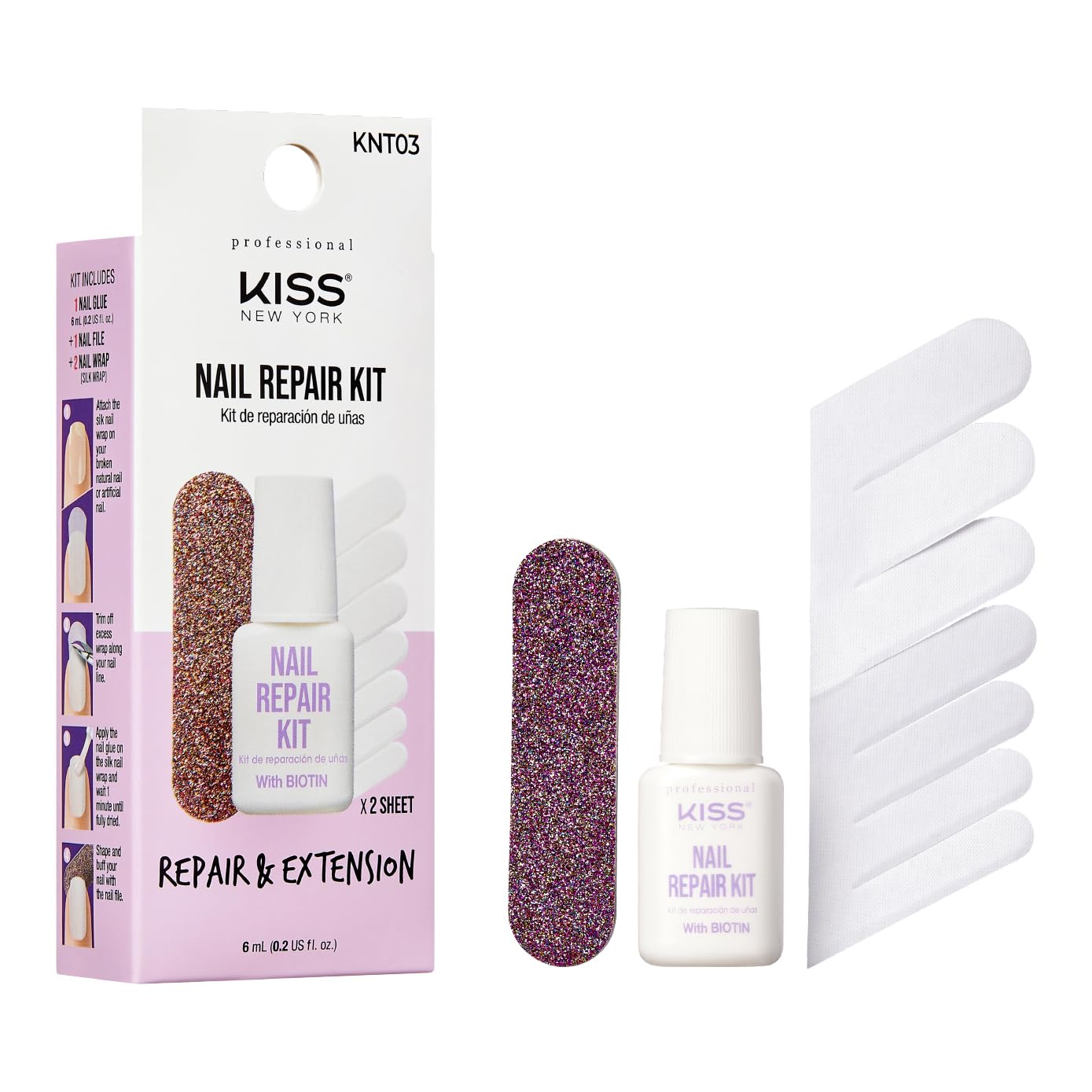 Kiss New York Nail Repair Kit for Damage, Broken, Cracked and Weak Nails - Biotin Infused Glue, File, and 2 Wraps - Made in Korea Beauty & Personal Care KISS NEW YORK