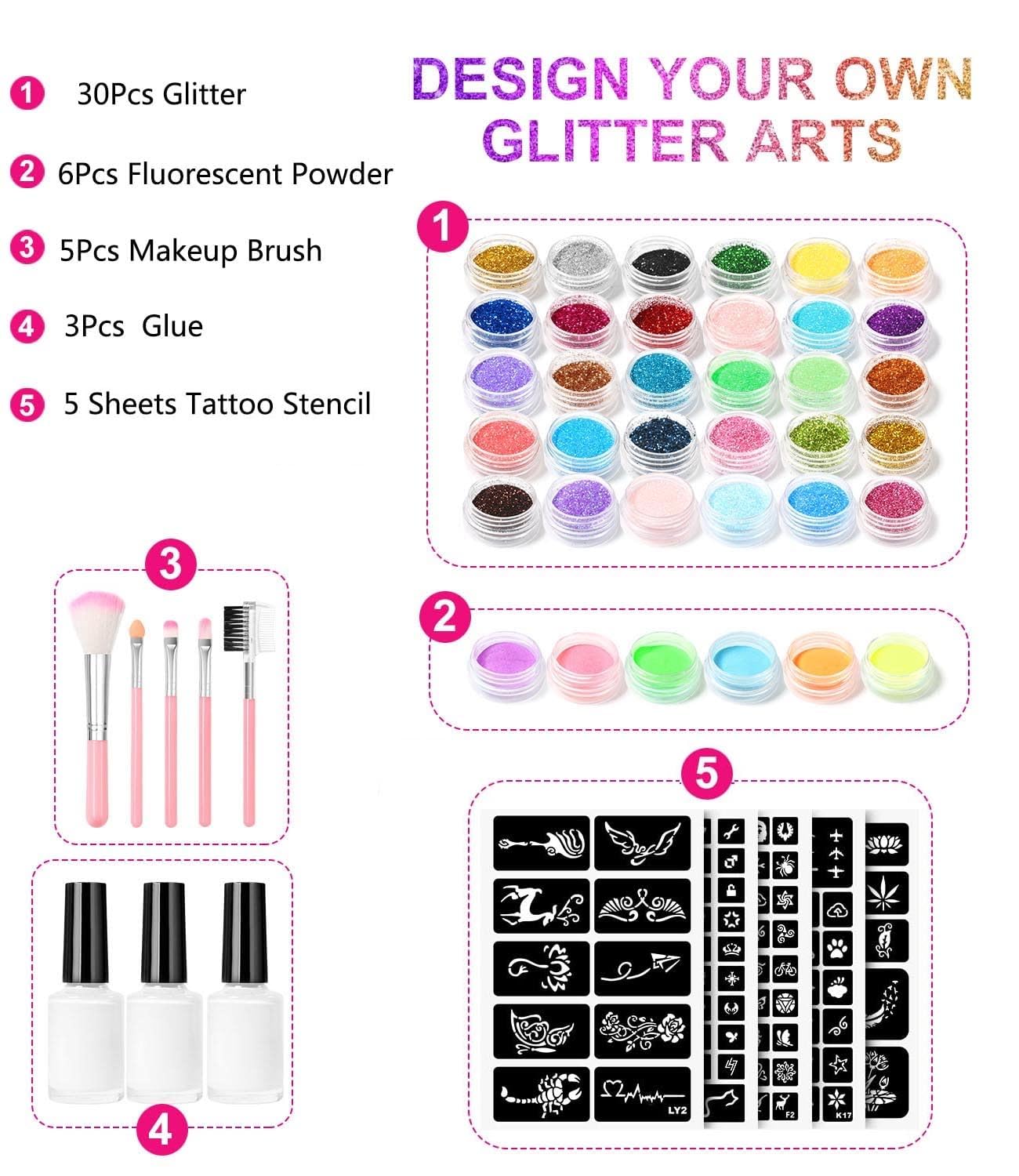 Temporary Glitter Tattoo Kit for Kids makeup,30 Body Glitter,3 Glitter Glue,5 Sheets Tattoos Stencil,5 Pcs Makeup Brush,6 Fluorescent Beauty & Personal Care DouborQ