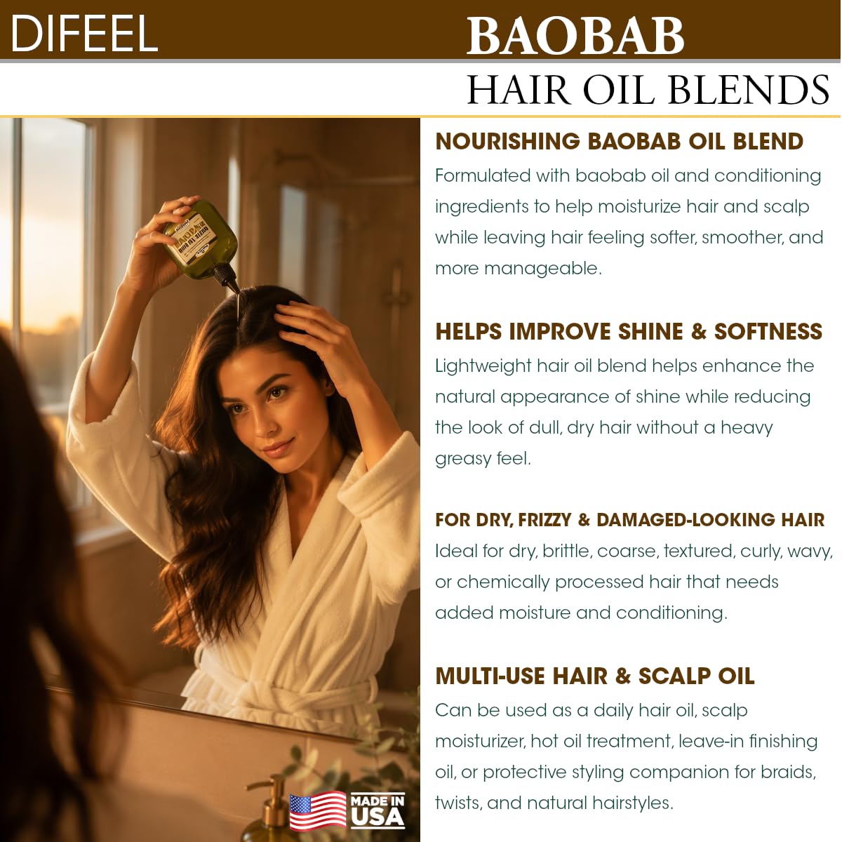 Difeel Baobab Hair Oil Blend - Travel Size 2.5 oz. - Lightweight Conditioning Treatment for Dry Hair & Scalp, Moisturizing Formula for Shine, Softness