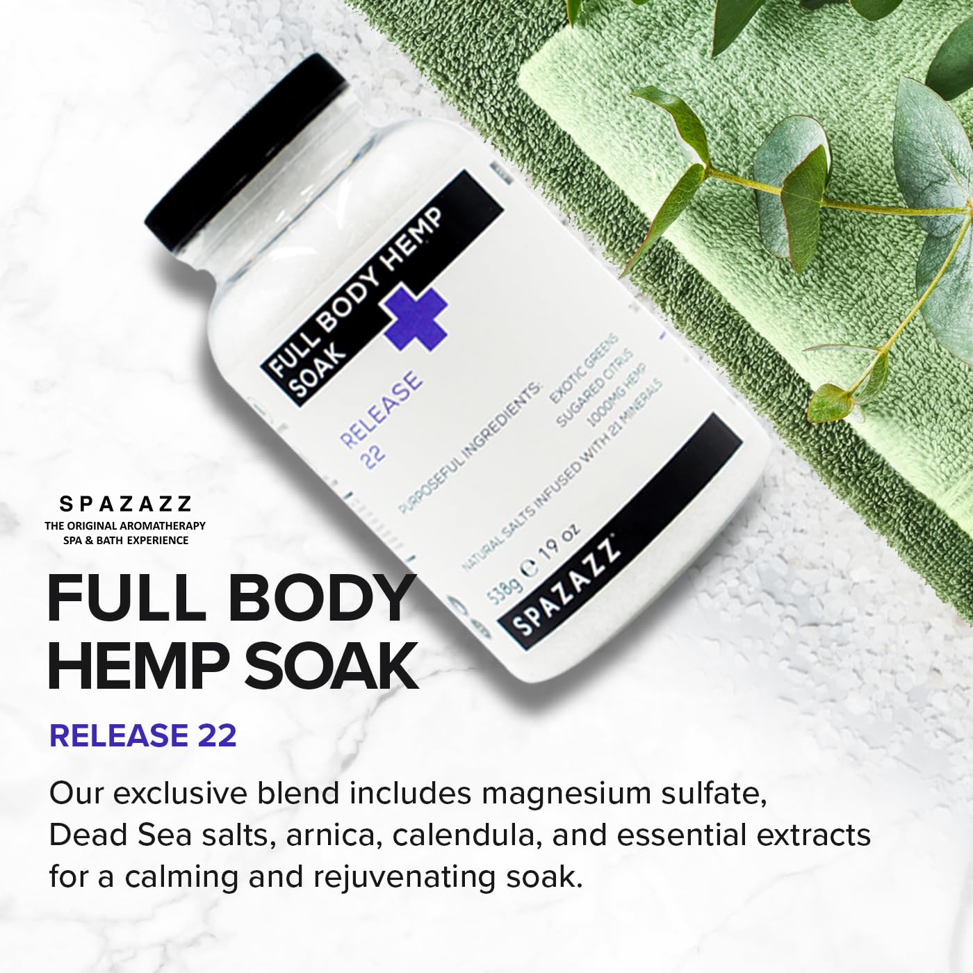 Spazazz Full Body Hemp Soak - 1000mg Hemp - Spa Hot Tub & Bath Aromatherapy Bath Salt Crystals - 538g/19oz (Release 22) Beauty and Personal Care Spazazz