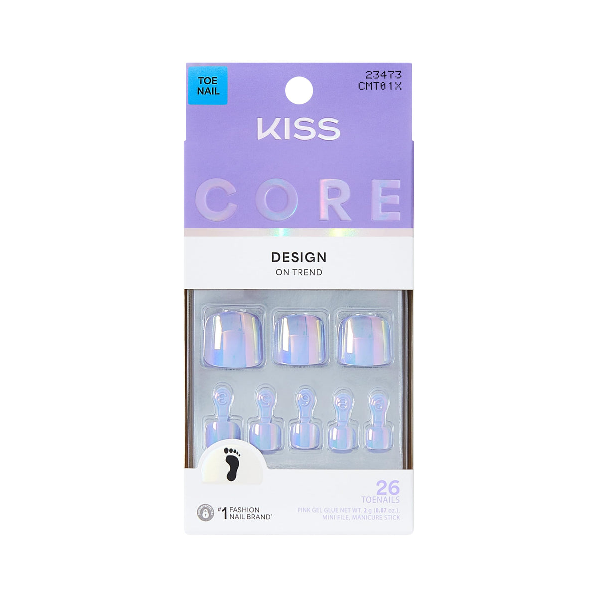 Kiss Core, Press On Nails, Nail glue included, 'Elation', Blue, Short Size, Squoval Shape, Includes 26 Toenails, 2g Glue, 1 Manicure Stick, 1 Mini