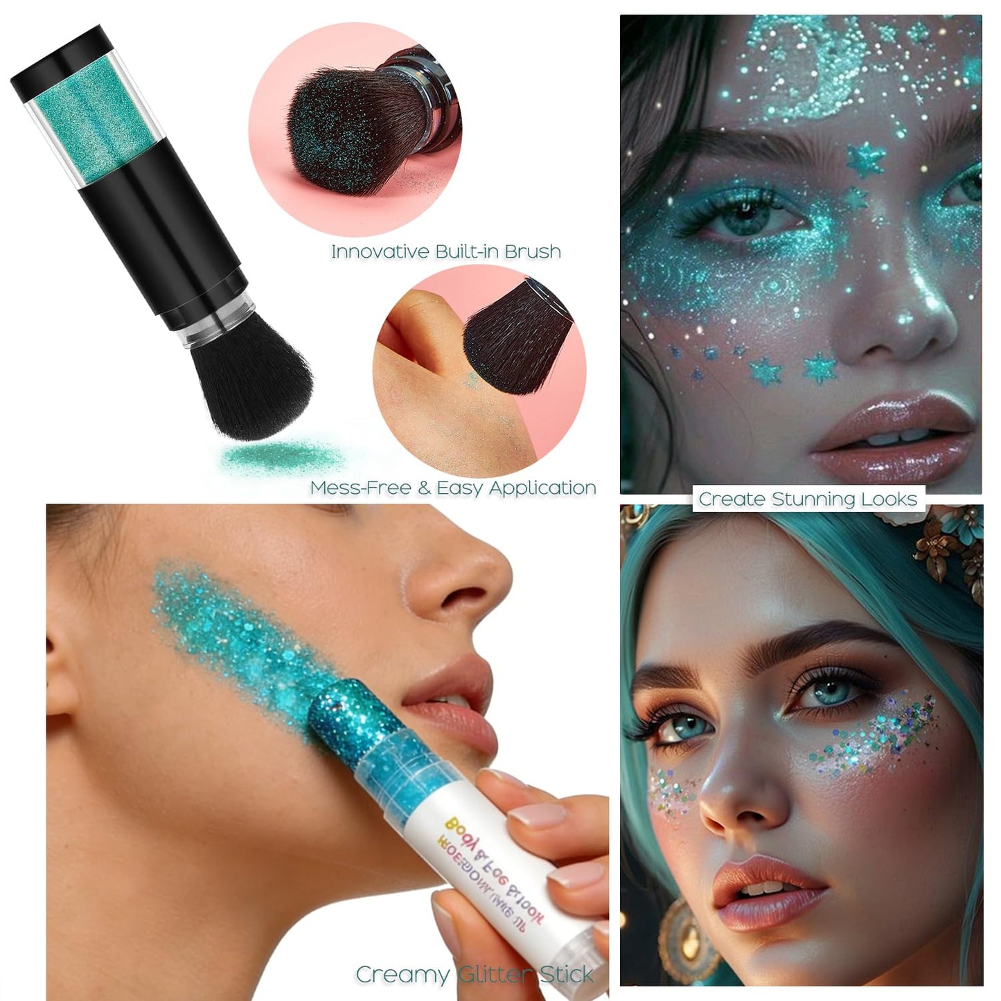 Holographic Mermaid Glitter Makeup Kit: 2-in-1 Body & Face Stick & Loose Powder with Built-in Brush for Festival, Rave, Concert, Carnival | Shimmery Beauty & Personal Care FindinBeauty
