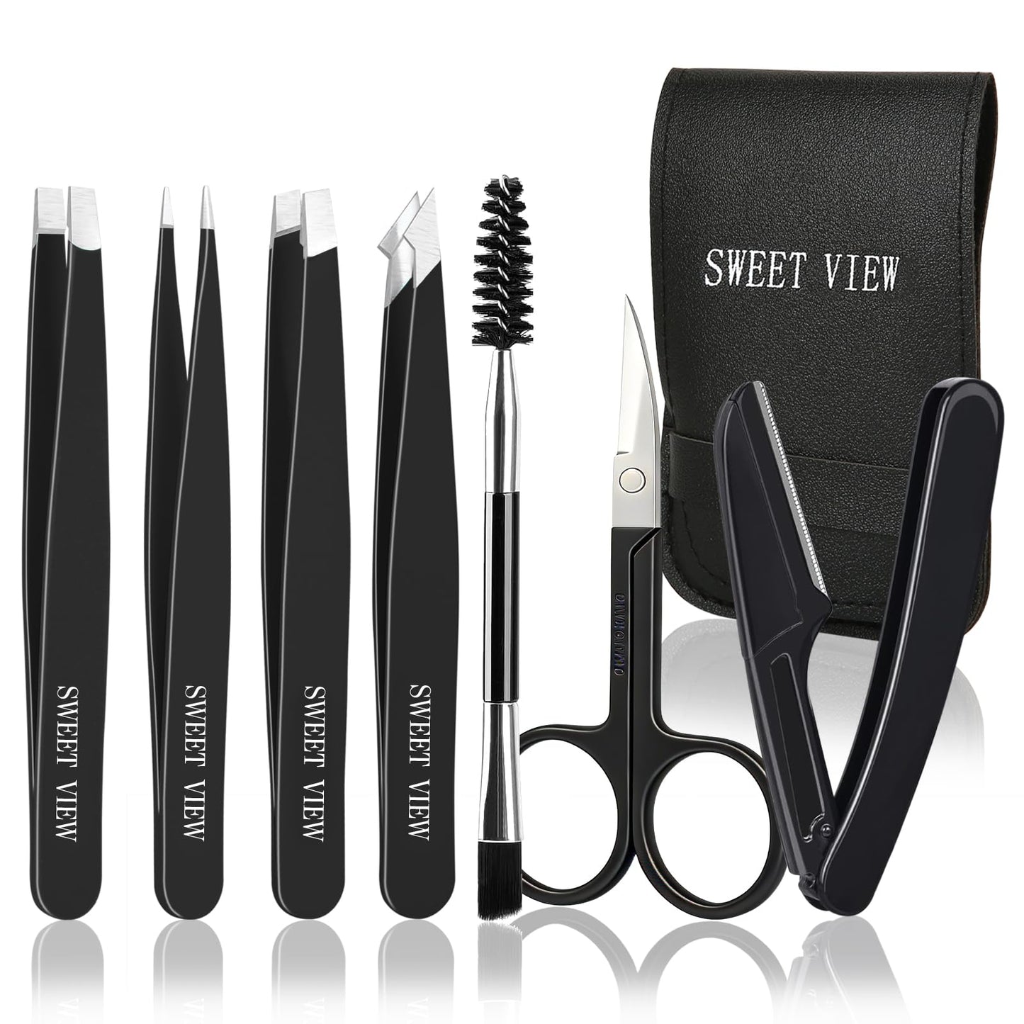 SWEET VIEW 7pcs Eyebrow Tweezers Kit for Women Precision Plucker with Brow Scissors & Razor & Spoolie for Facial, Chin, Brow, Splinter and Ingrown Beauty and Personal Care SWEET VIEW