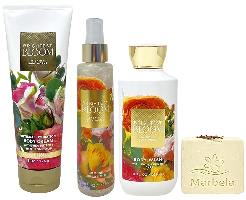 Bath & Body Works Brightest Bloom Ultimate Hydration Body Cream, Diamond Shimmer Mist and Body Wash with a Creamy Rose Bar Soap Beauty & Personal Care Bath & Body Works
