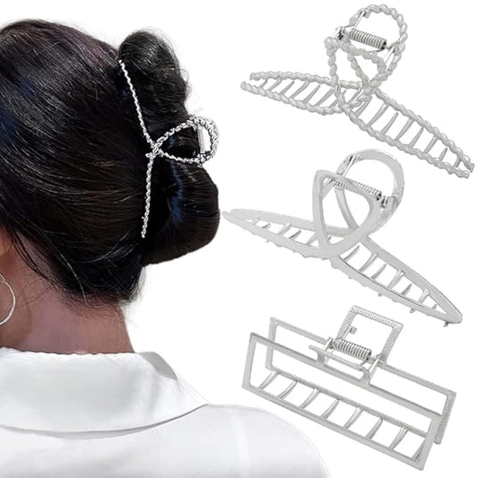 3pcs Hair Claw clips for Women, Metal Silver Large Hair clips for Thick Thin Hair, Geometric Cross Square Jumbo Catch Barrette Clamps, Fashion Hair Beauty & Personal Care RAUIMOUR
