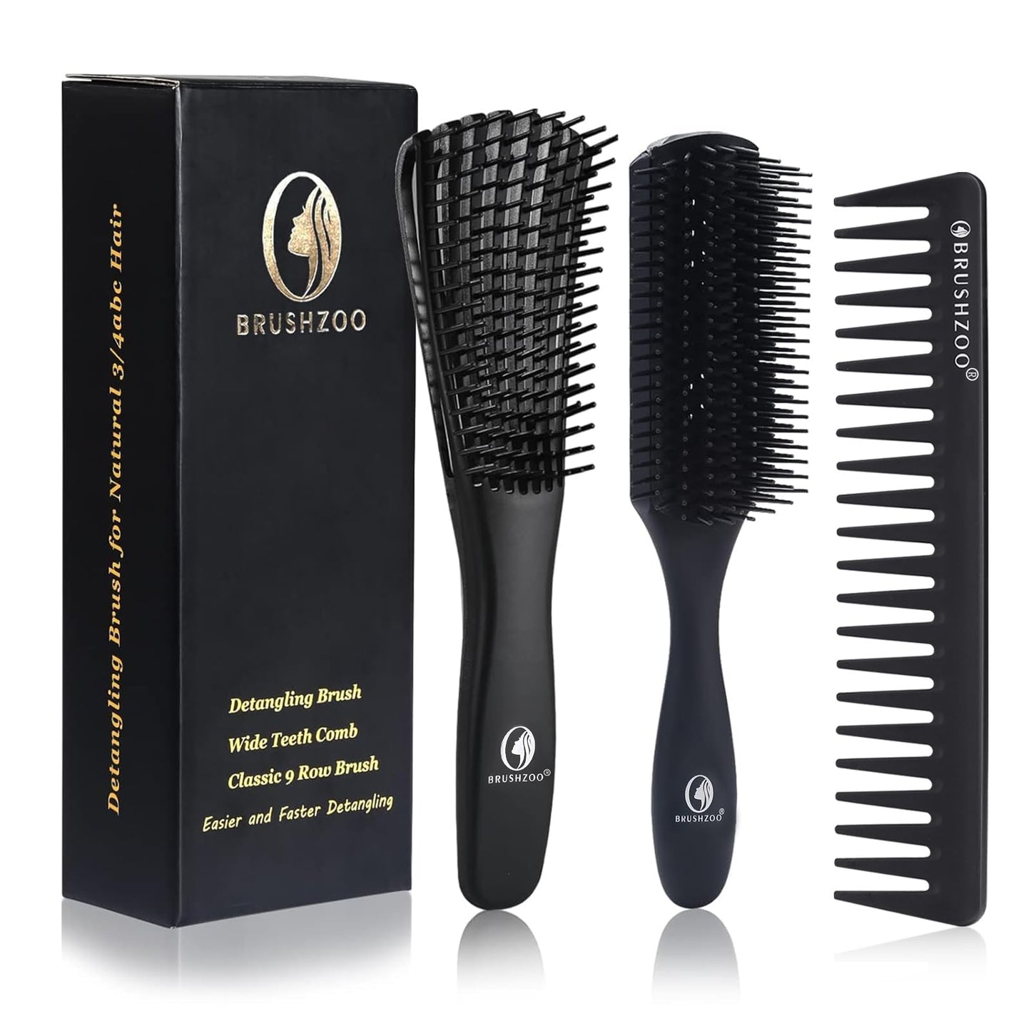 BRUSHZOO Hair Brush Set, Detangler Brush for Women Men Kid Detangling Styling Massaging, Curly Hair Brush for 3/4abc Wet Dry Hair (Black) Beauty & Personal Care O BRUSHZOO