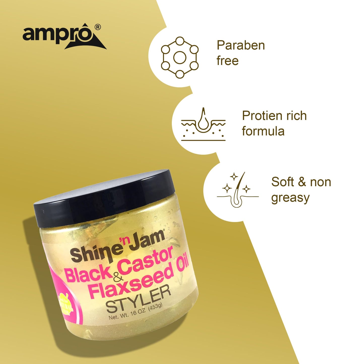 AmPro Shine-n-Jam Castor Oil and Flaxseed Gel - Nourishes Tresses and Adds Shine - Infused With Vitamin E to Condition All Hair Textures - Strengthens Beauty & Personal Care AmPro
