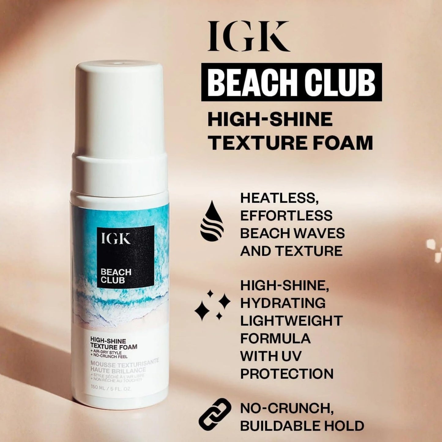 IGK Beach Club High-Shine Texture Foam - Salt-Free Hair Mousse for Beach Waves - Air-Dry Styling Foam for Wavy, Curly & Straight Hair - Anti-Frizz Beauty & Personal Care IGK