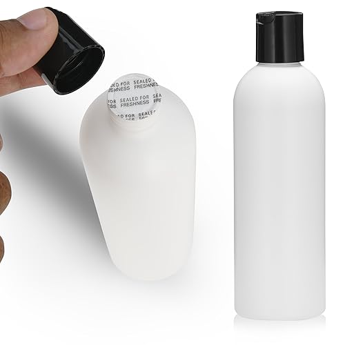 25 PCS Empty White HDPE Bottle 8oz - Cosmo Round Plastic Bottles - 24/410 Neck Black Disc Cap - 24 mm Foil Pressure Seal for Freshness and Leak Beauty & Personal Care FRAGFRE