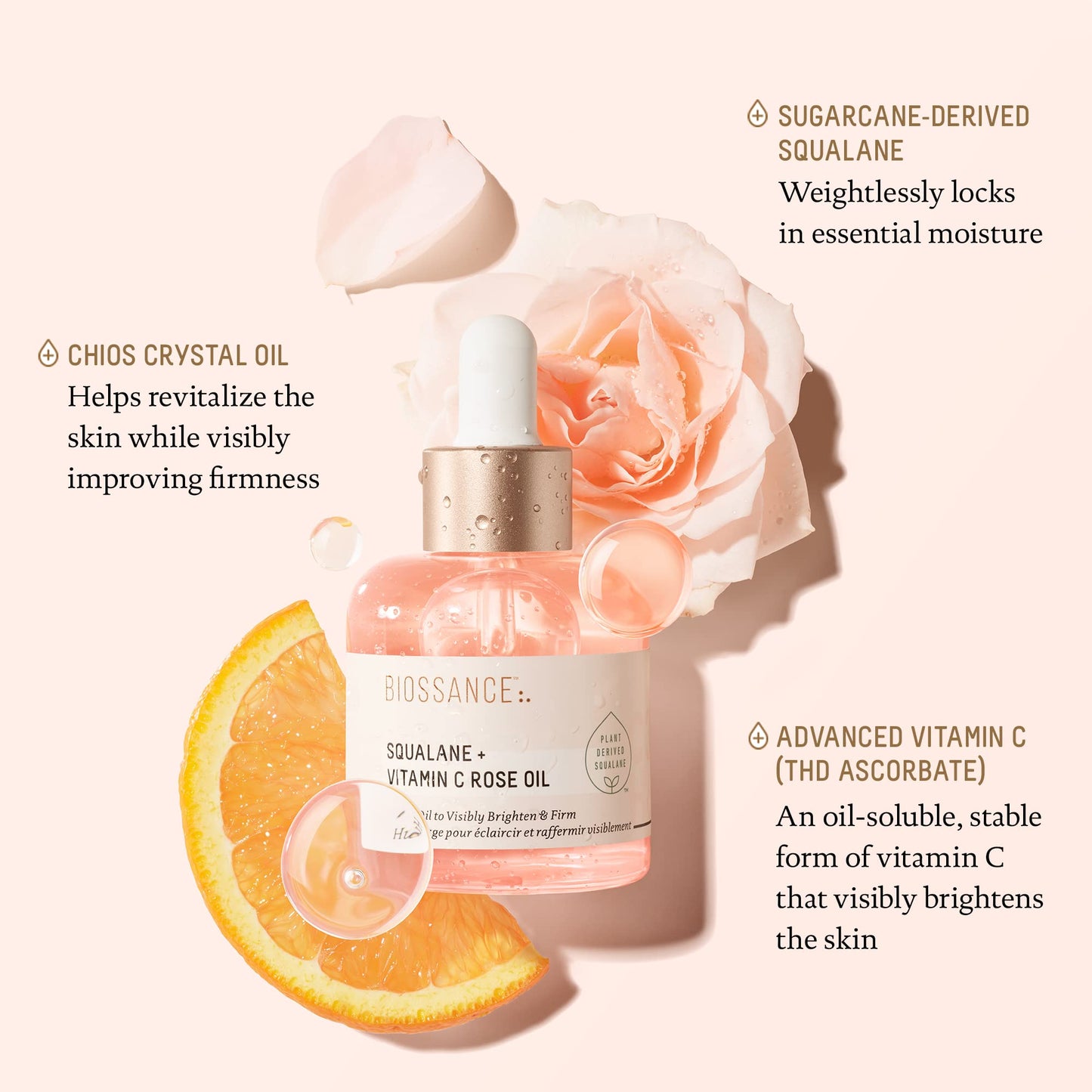 BIOSSANCE Squalane + Vitamin C Rose Advanced Facial Oil - Brightening, Firming, and Hydrating Serum for All Skin Types - Chios Crystal Oil, Damascus Beauty & Personal Care BIOSSANCE
