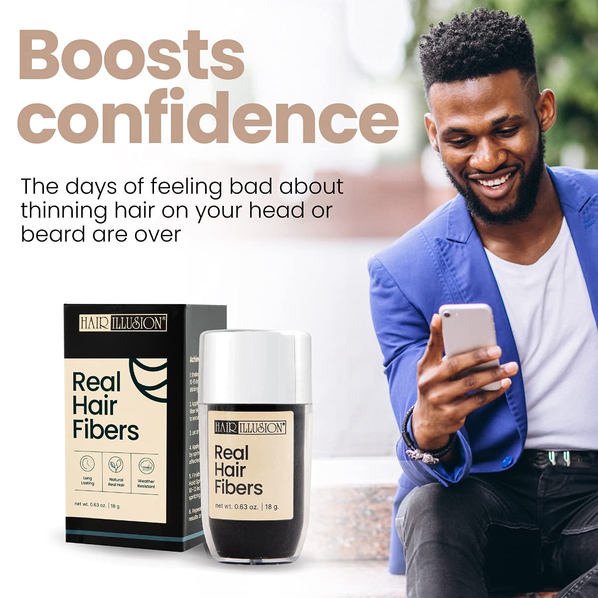 Hair Illusion Black Real Hair Fibers 18g – 100% Natural Texture, Non-Synthetic, Covers Thinning Hair & Bald Spots for Men & Women Beauty & Personal Care Hair Illusion