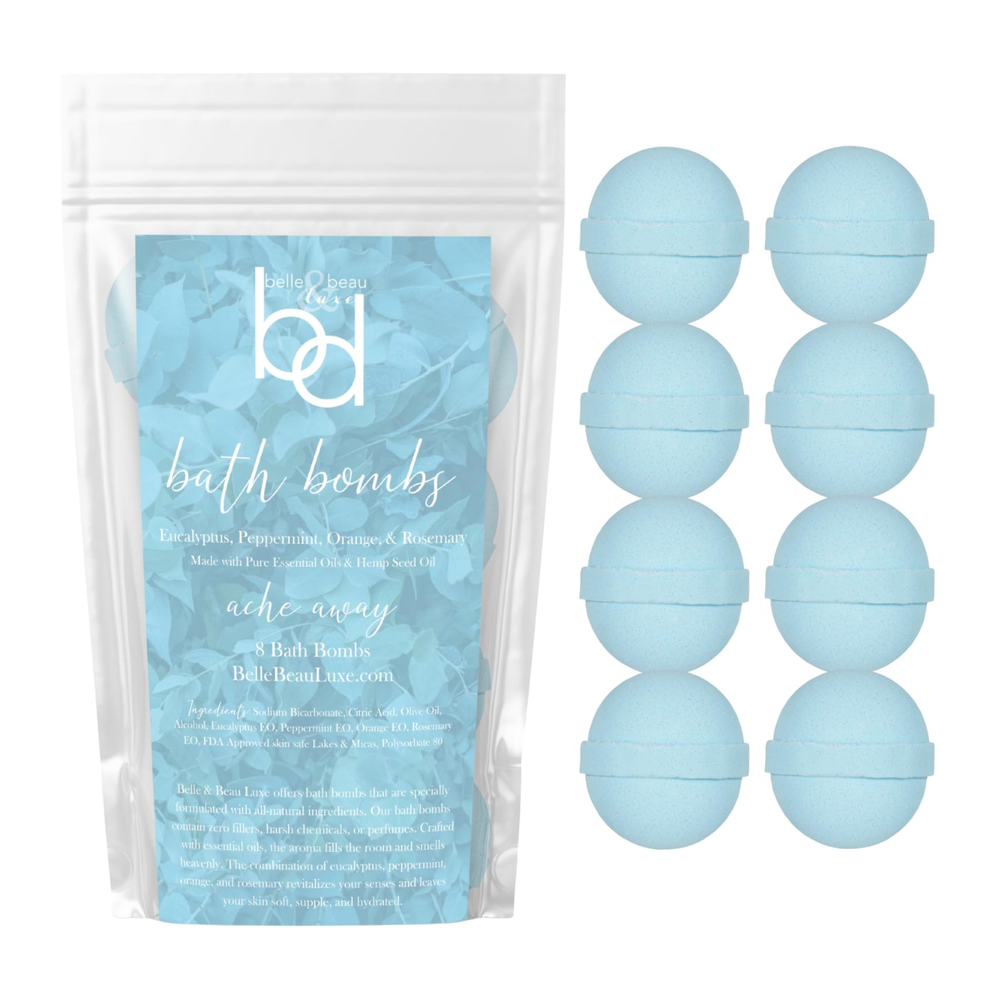 Belle & Beau Luxe Ache Away Hemp Bath Bombs - Made with Organic Hemp Seed Oil and Eucalyptus, Peppermint, Orange, & Rosemary Essential Oils - 8 Count Beauty and Personal Care BB BELLE & BEAU LUXE