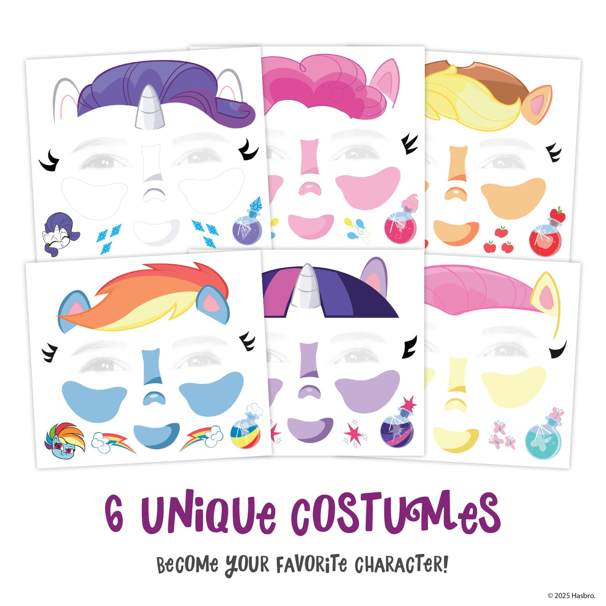 My Little Pony Costume Face Temporary Tattoos - Tattoo Set for Kids Featuring Twilight Sparkle, Rainbow Dash, Pinkie Pie & More, Easy Halloween