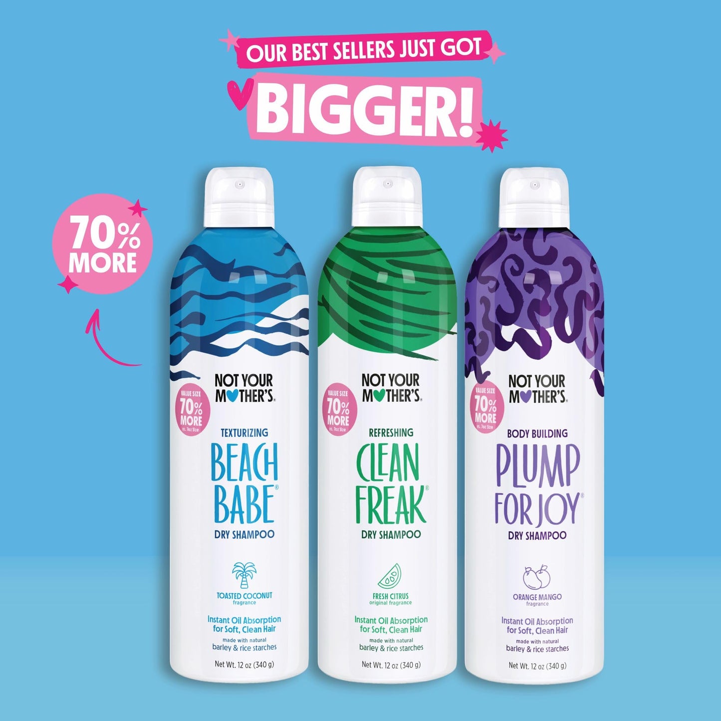 Not Your Mother's Dry Shampoo Trio - Clean Freak Original, Beach Babe, Plump for Joy - 3 Pack, 12 oz Each - 70% More to Instantly Absorb Oil Beauty and Personal Care Not Your Mother's