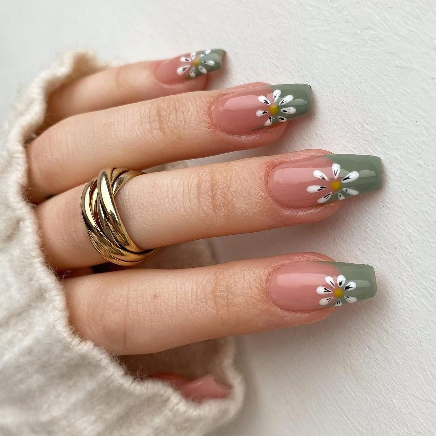 IMSOHOT Glossy Flower Press on Nails Medium Length Green Coffin Fake Nails French Cute False Nails Ballerina Glue on Nails for Women and Girls Beauty & Personal Care IMSOHOT