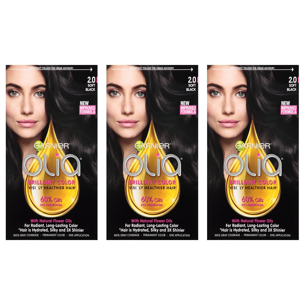 Garnier Olia Ammonia-Free Brilliant Color Oil-Rich Permanent Hair Color, 2.0 Soft Black (Pack of 3) Black Hair Dye (Packaging May Vary) Beauty & Personal Care Garnier