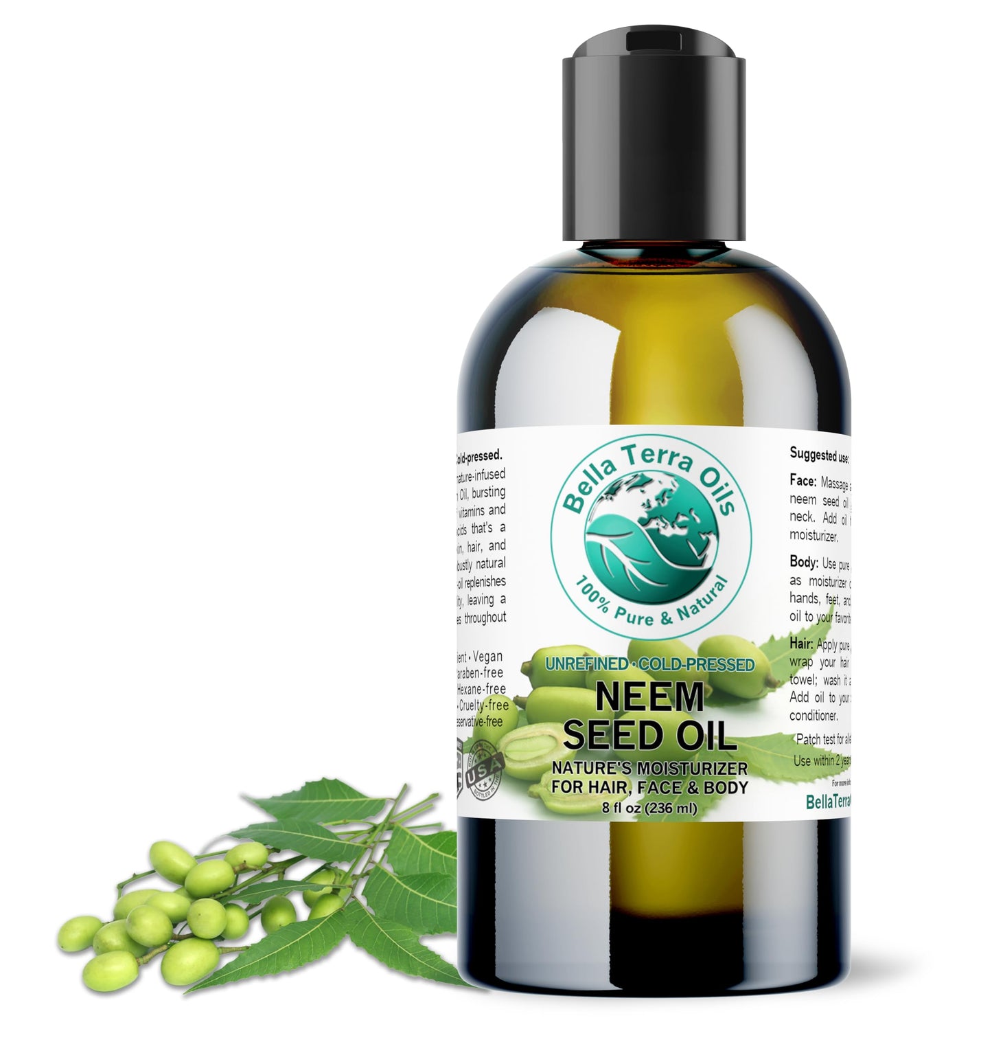 Bella Terra Oils - Organic Neem Seed Oil 8 oz - Harnessing the Power of Organic Neem Seeds, Rich in Stearic Acid, A Luxurious Elixir for Natural Skin Beauty & Personal Care Bella Terra Oils