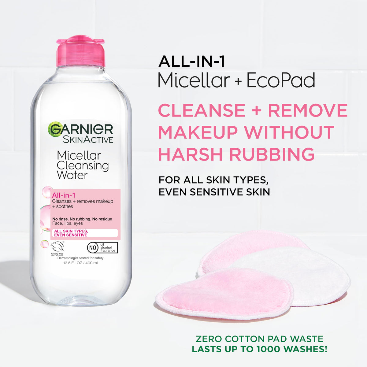 Garnier Micellar Water and Eco Pad Starter Kit, All-In-1 Facial Cleanser & Makeup Remover and 3 Piece Reusable Makeup Remover Pads Set