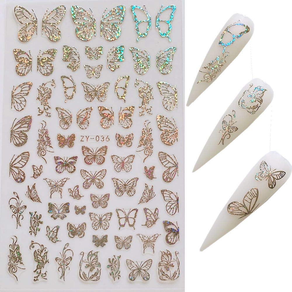 NAIL ANGEL 8Sheets Nail Art Adhesive Sticker Sheets Different Laser Gold and Silver Color Butterfly Shapes Nail Art Decoration 10238 Beauty & Personal Care NAIL ANGEL