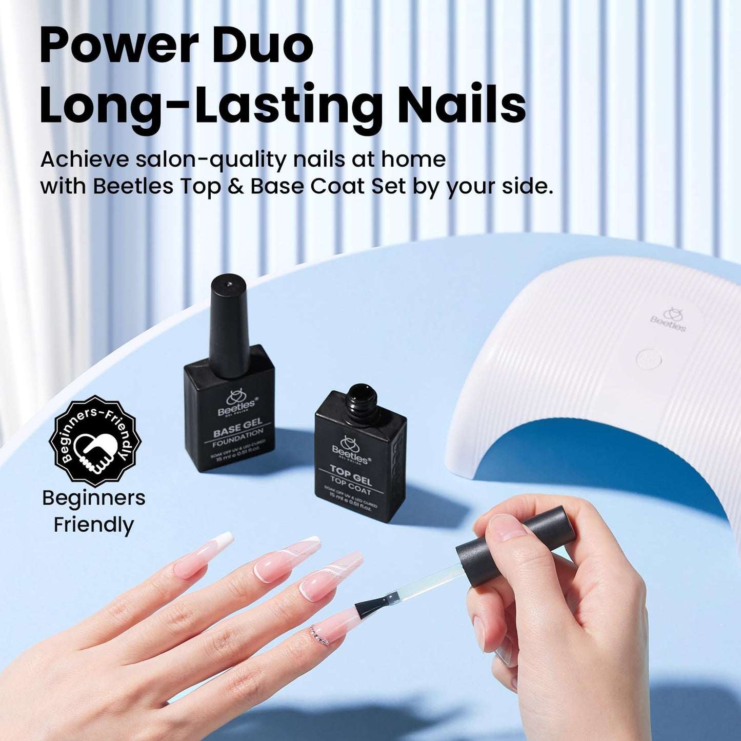Beetles No Wipe Gel Top Coat and Base Coat Set for Gel Nail Polish - 2Pcs 15ml Super Shiny and Long Lasting Soak Off UV/LED Lamp Nail Art Design Gift Beauty and Personal Care beetles Gel Polish