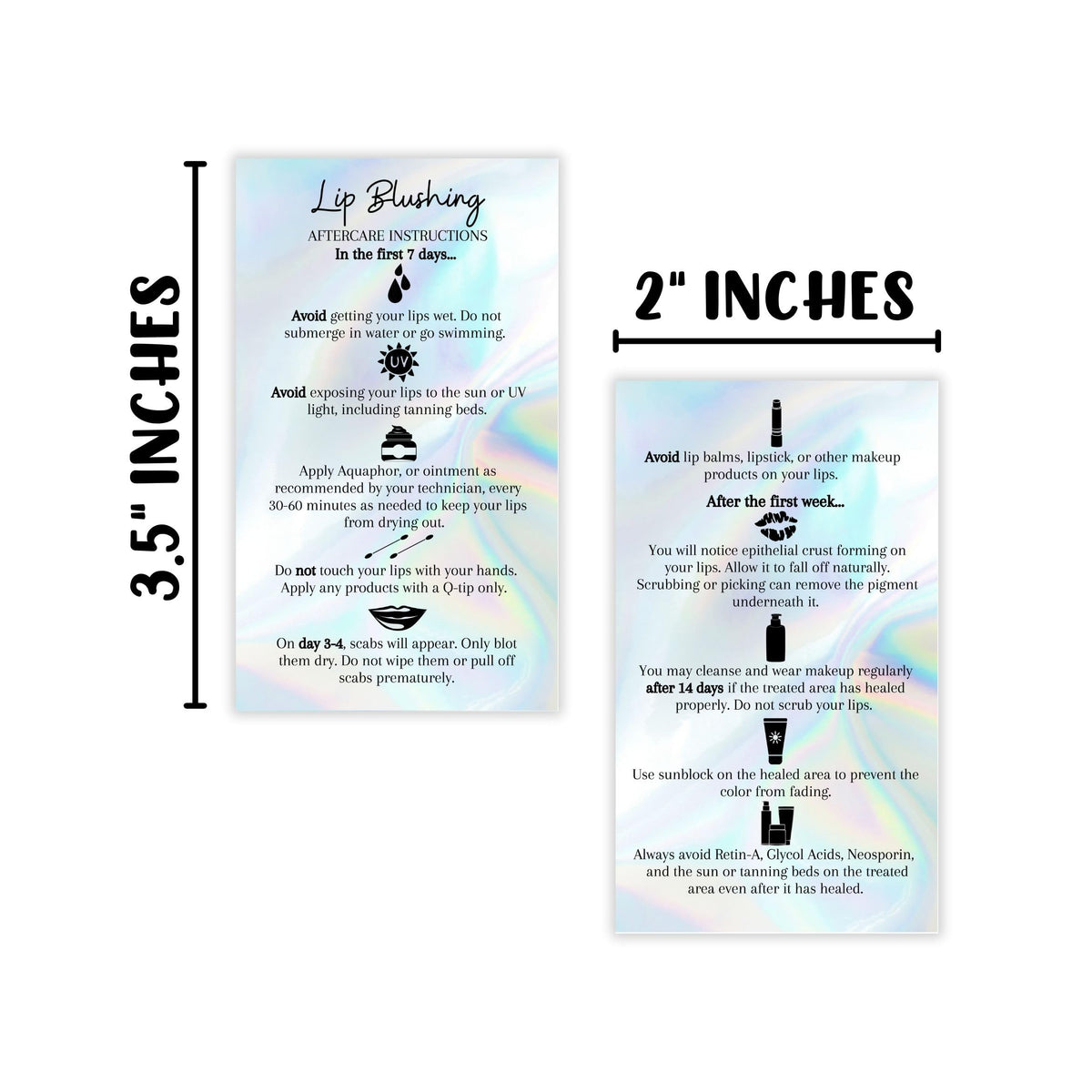 Lip Blush Aftercare Instructions Card | 50 Pack | 2x3.5" inches Business Card Size | Lip Glow Lip Blush PMU Lip Tint Lip Tattoo | Holographic Design Beauty & Personal Care Boutique Marketing LLC