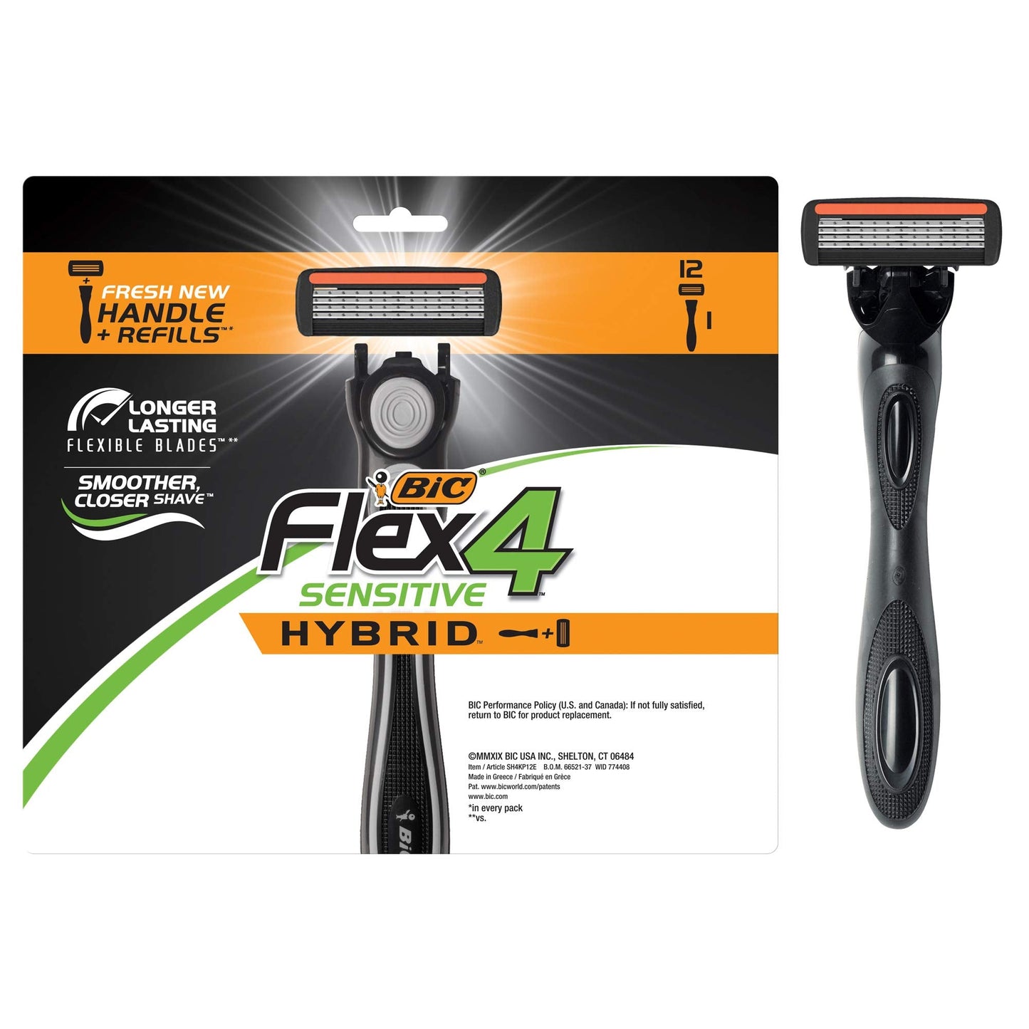 BIC Flex 4 Sensitive Hybrid Men's 4-Blade Disposable Razor, 1 Handle and 12 Cartridges Beauty and Personal Care BIC